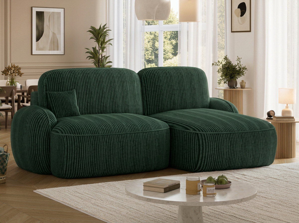 Canapé d'angle convertible design MIRABEAU avec coffre de rangement - Velours côtelé épais vert - vue 5