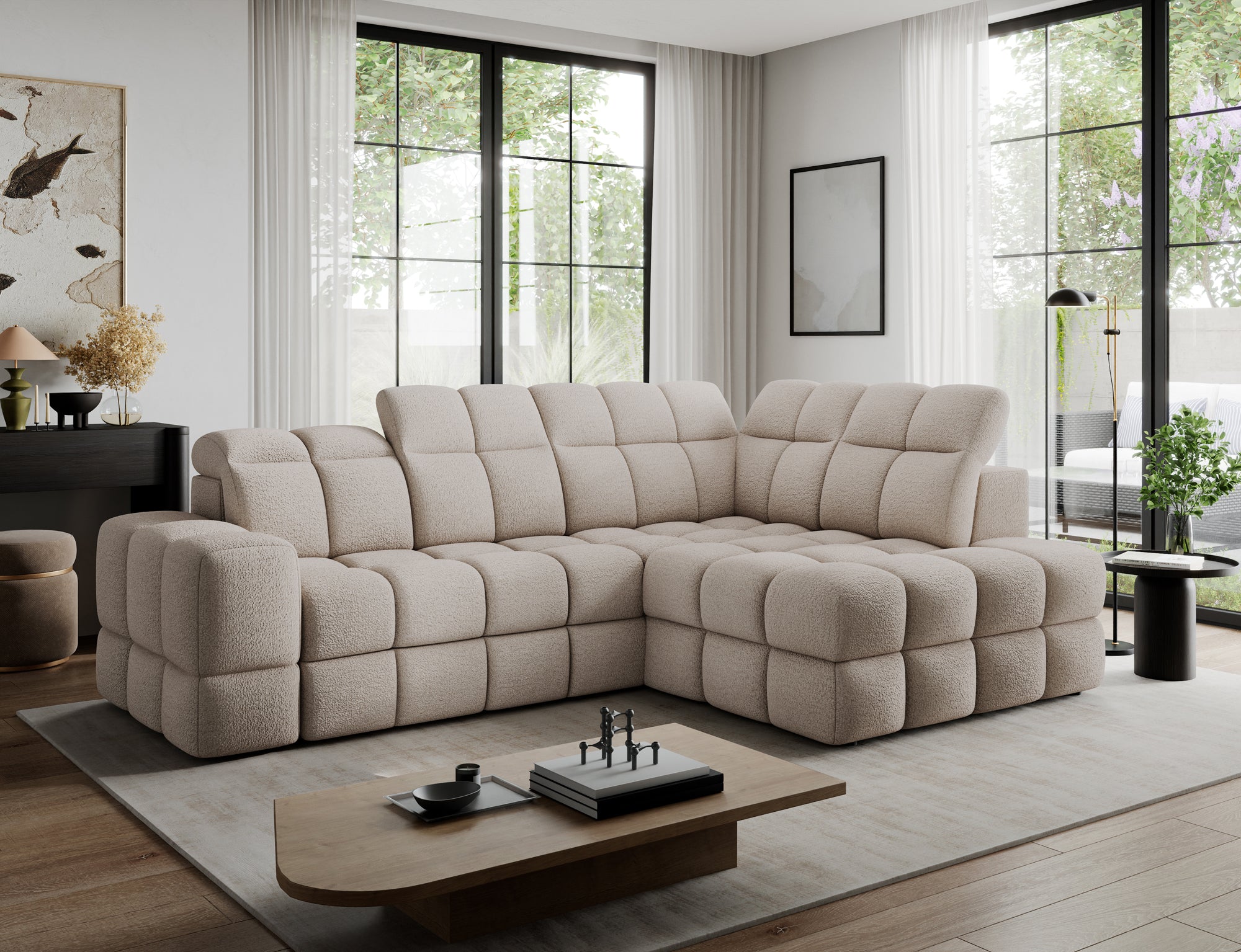 Canapé d'angle convertible design VANEAU avec coffre de rangement - Bouclette chinée beige - vue 3