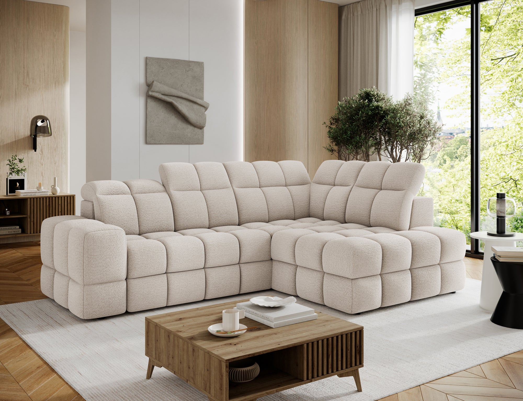 Canapé d'angle convertible design VANEAU avec coffre de rangement - Bouclette chinée beige - vue 5