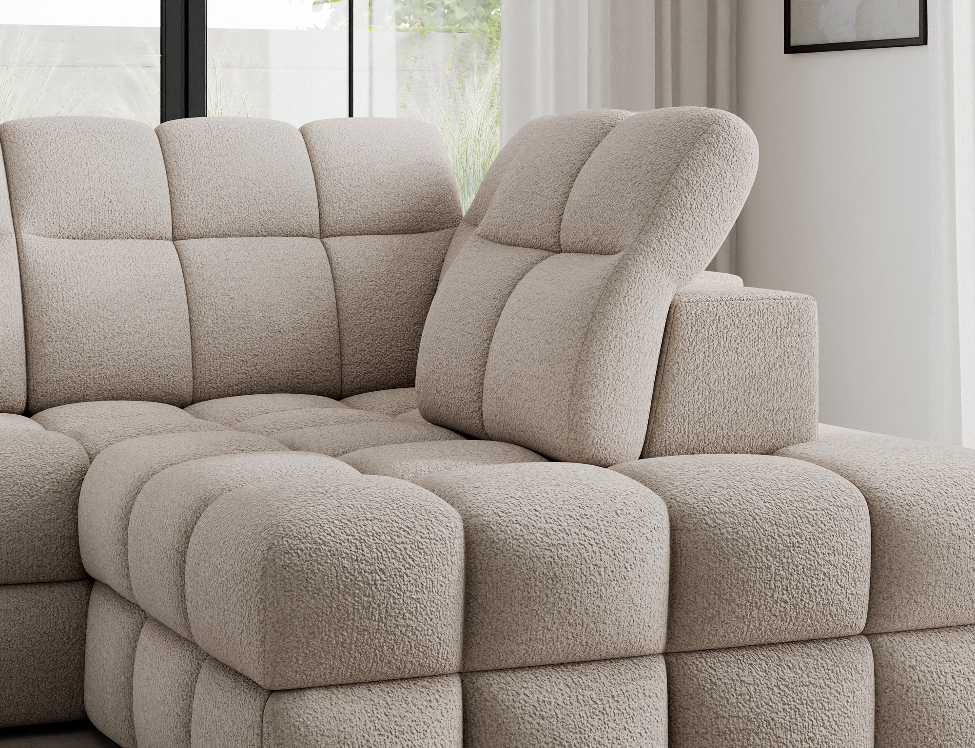 Canapé d'angle convertible design VANEAU avec coffre de rangement - Bouclette chinée beige - vue 8