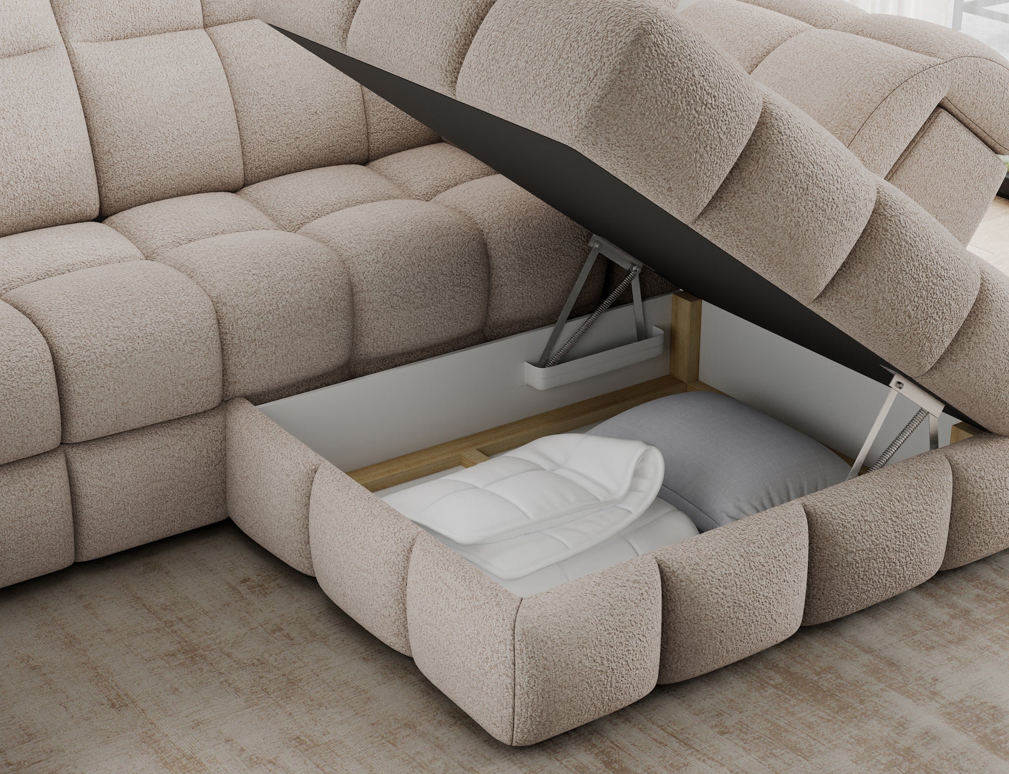 Canapé d'angle convertible design VANEAU avec coffre de rangement - Bouclette chinée beige - vue 9