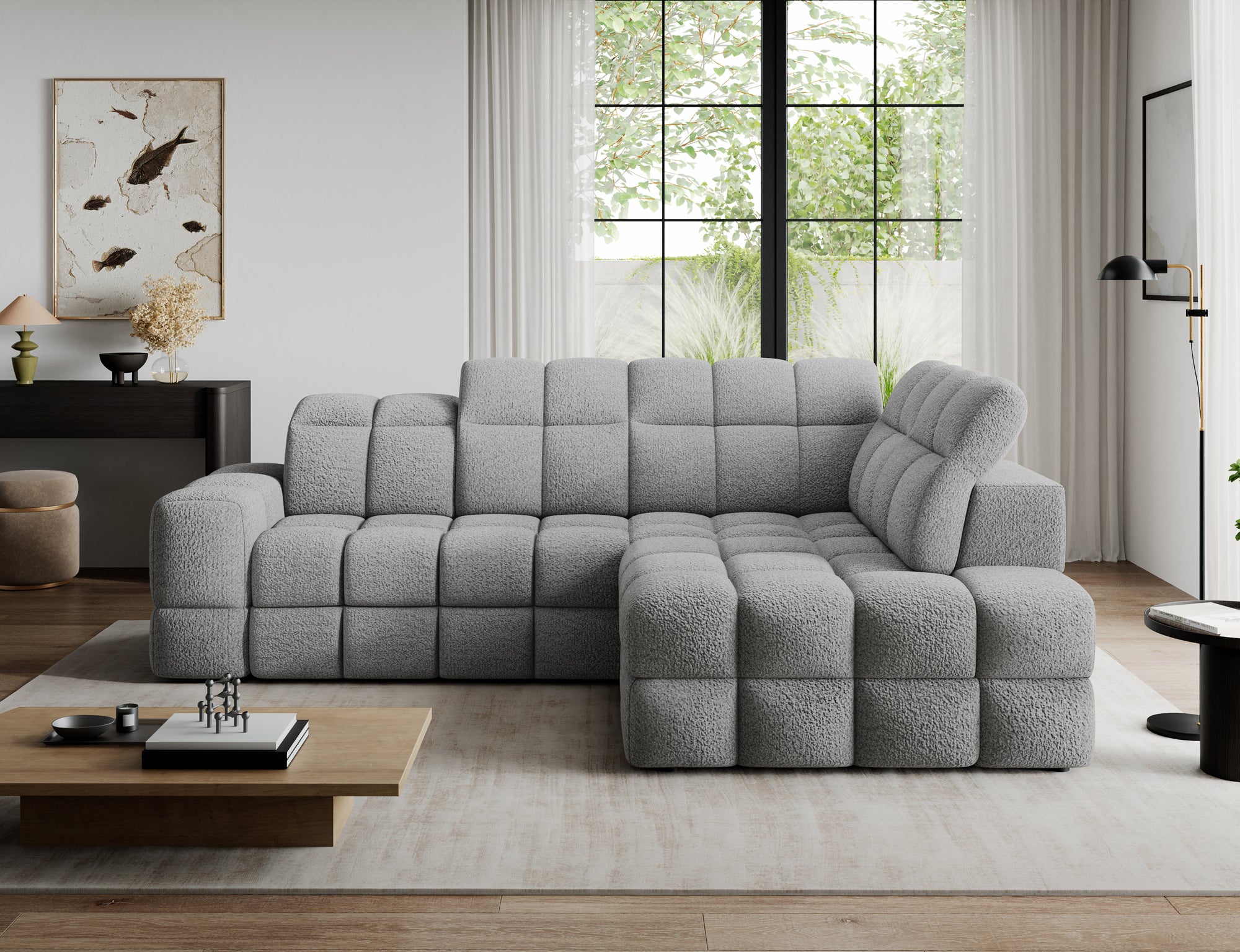 Canapé d'angle convertible design VANEAU avec coffre de rangement - Bouclette chinée gris - vue 4