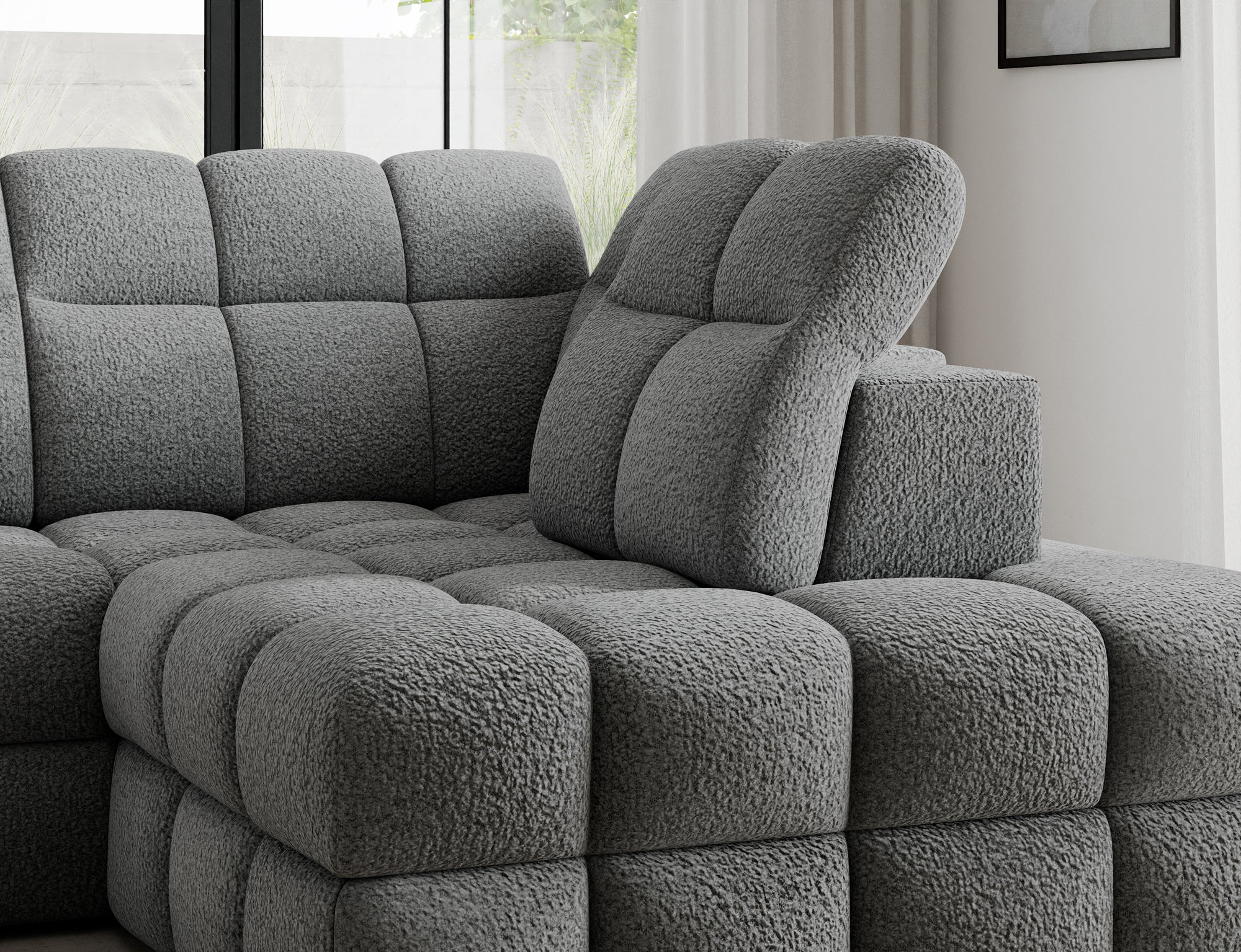 Canapé d'angle convertible design VANEAU avec coffre de rangement - Bouclette chinée gris - vue 8