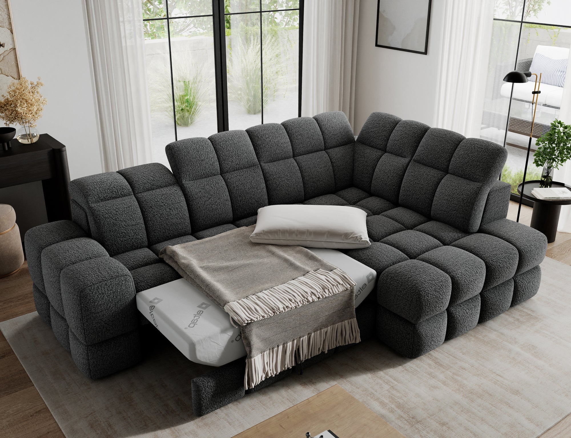 Canapé d'angle convertible design VANEAU avec coffre de rangement - Bouclette chinée gris foncé - vue 2