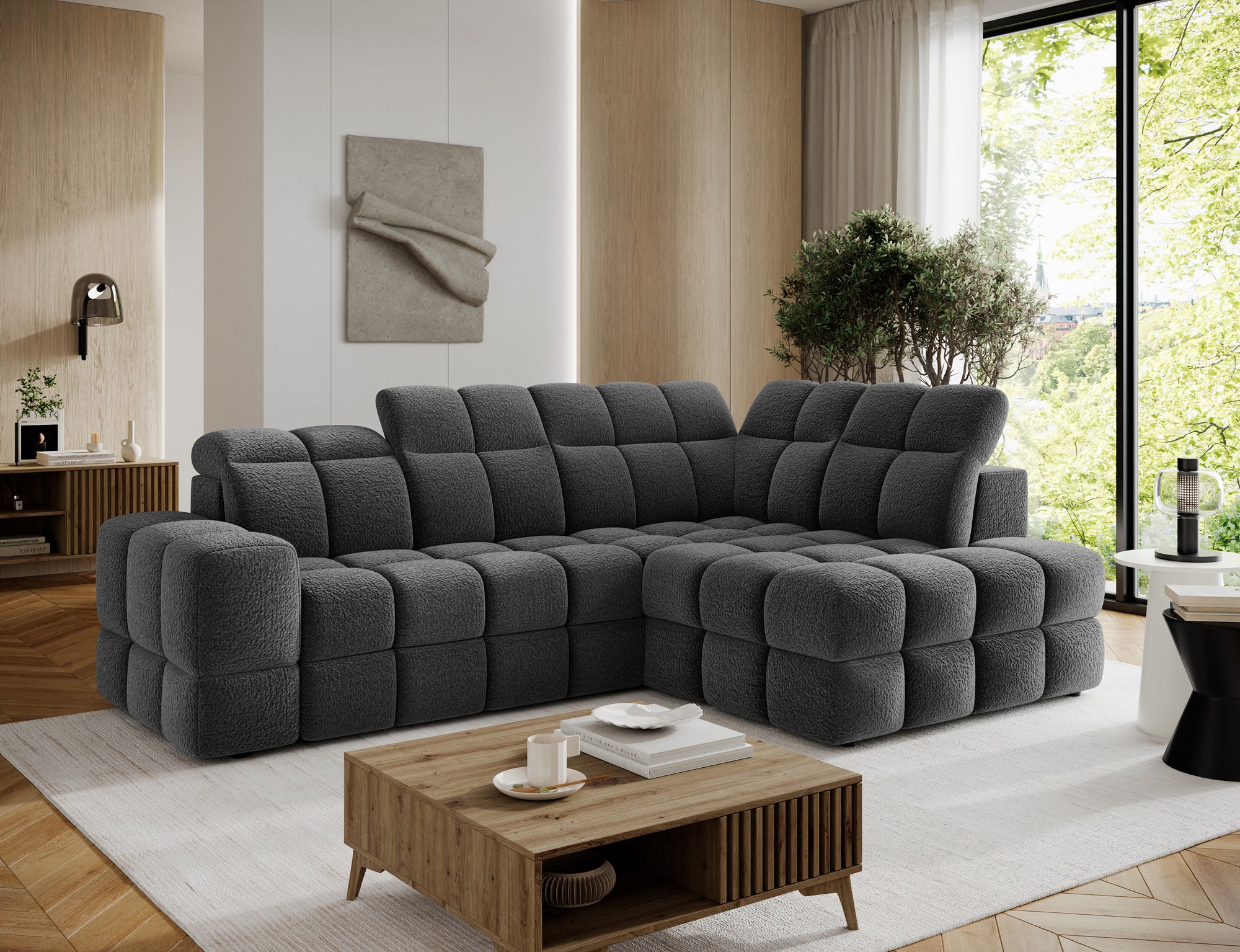 Canapé d'angle convertible design VANEAU avec coffre de rangement - Bouclette chinée gris foncé - vue 5