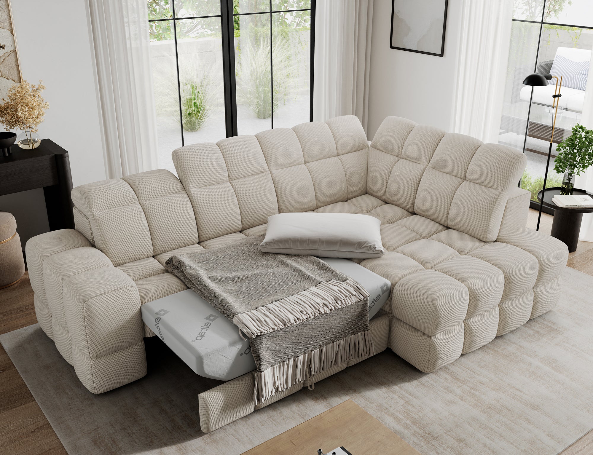 Canapé d'angle convertible design VANEAU avec coffre de rangement - Tissu texturé beige - vue 2