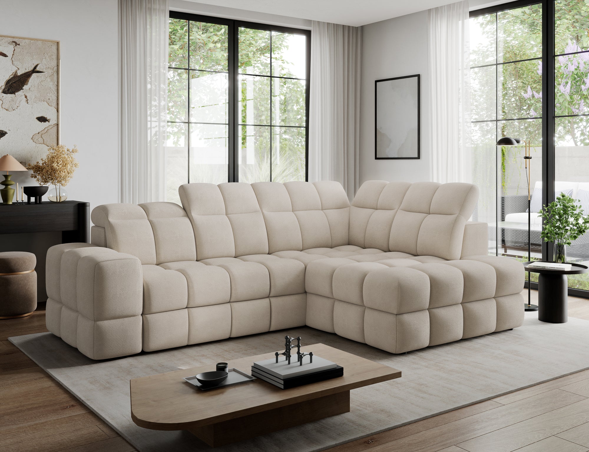 Canapé d'angle convertible design VANEAU avec coffre de rangement - Tissu texturé beige - vue 3