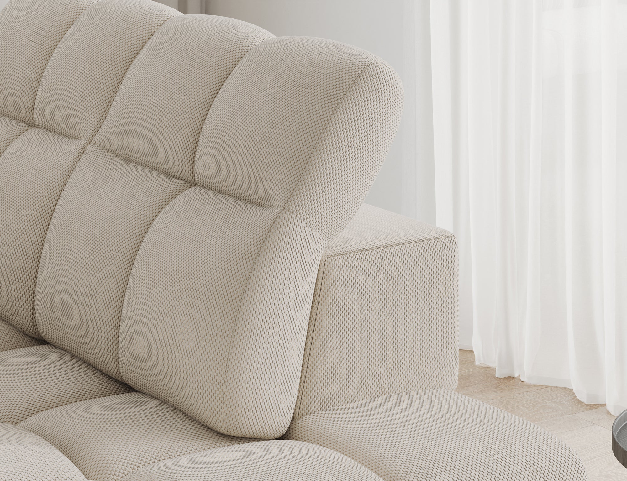 Canapé d'angle convertible design VANEAU avec coffre de rangement - Tissu texturé beige - vue 7