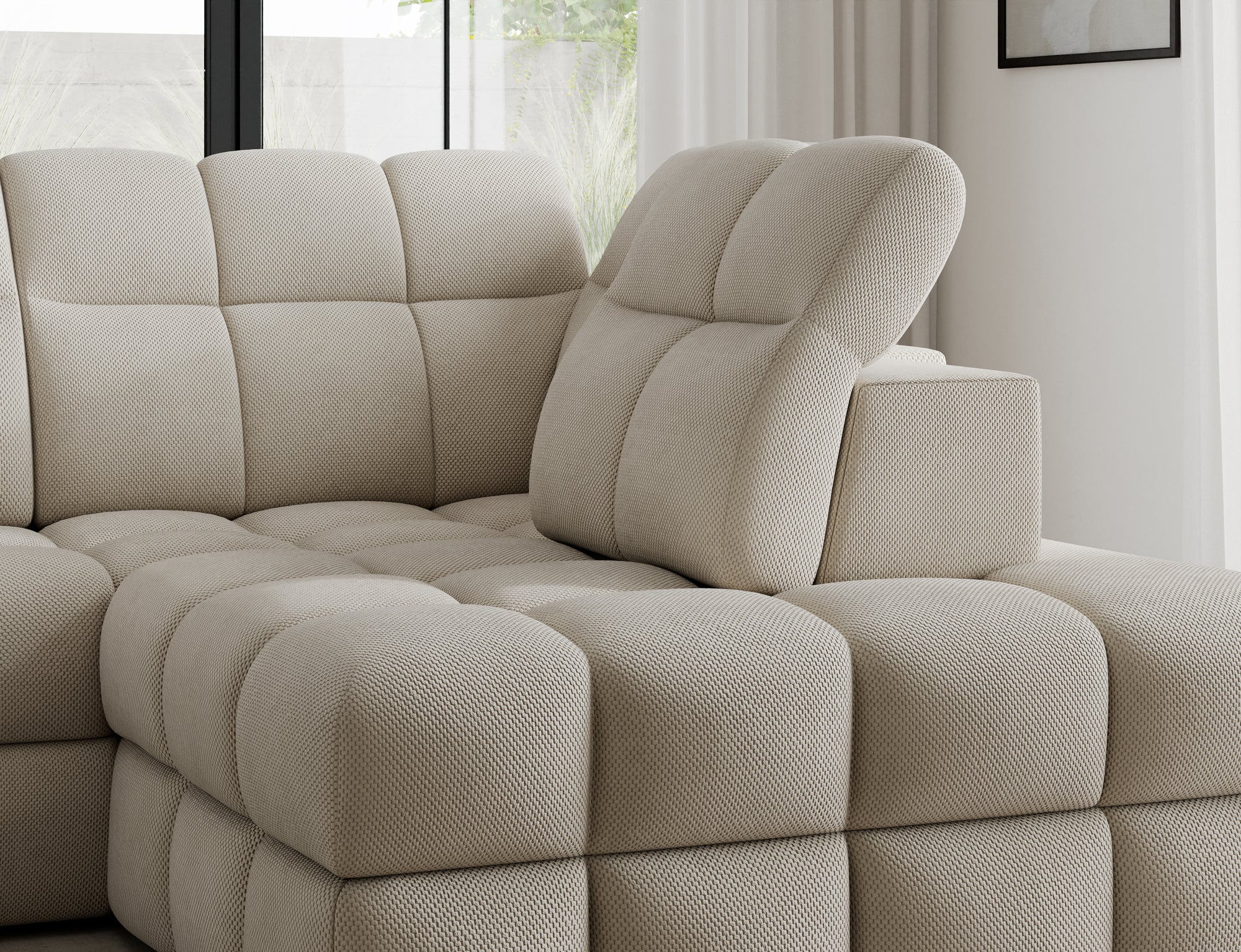 Canapé d'angle convertible design VANEAU avec coffre de rangement - Tissu texturé beige - vue 8