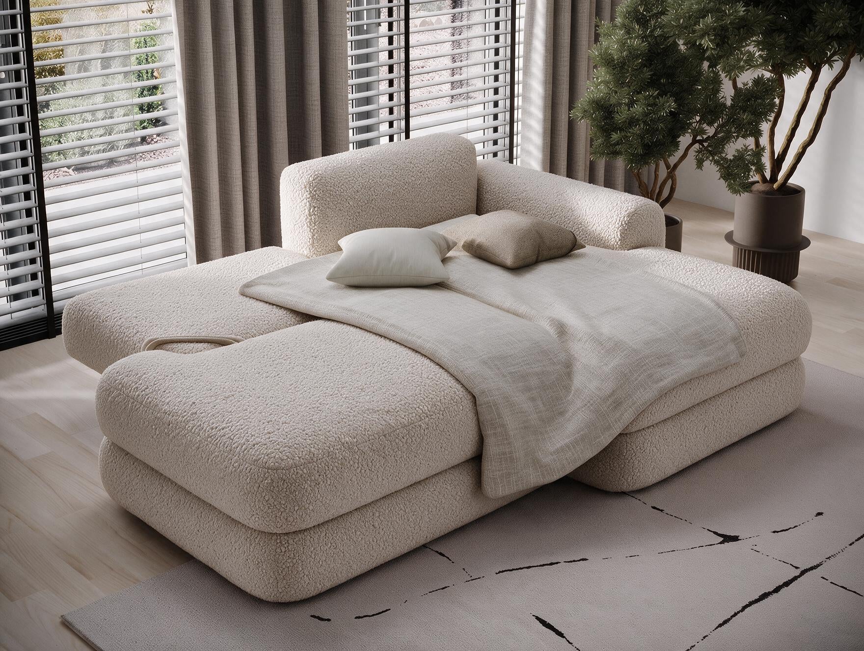 Canapé d'angle convertible design WAGRAM avec coffre de rangement - Bouclette chinée beige - vue 2