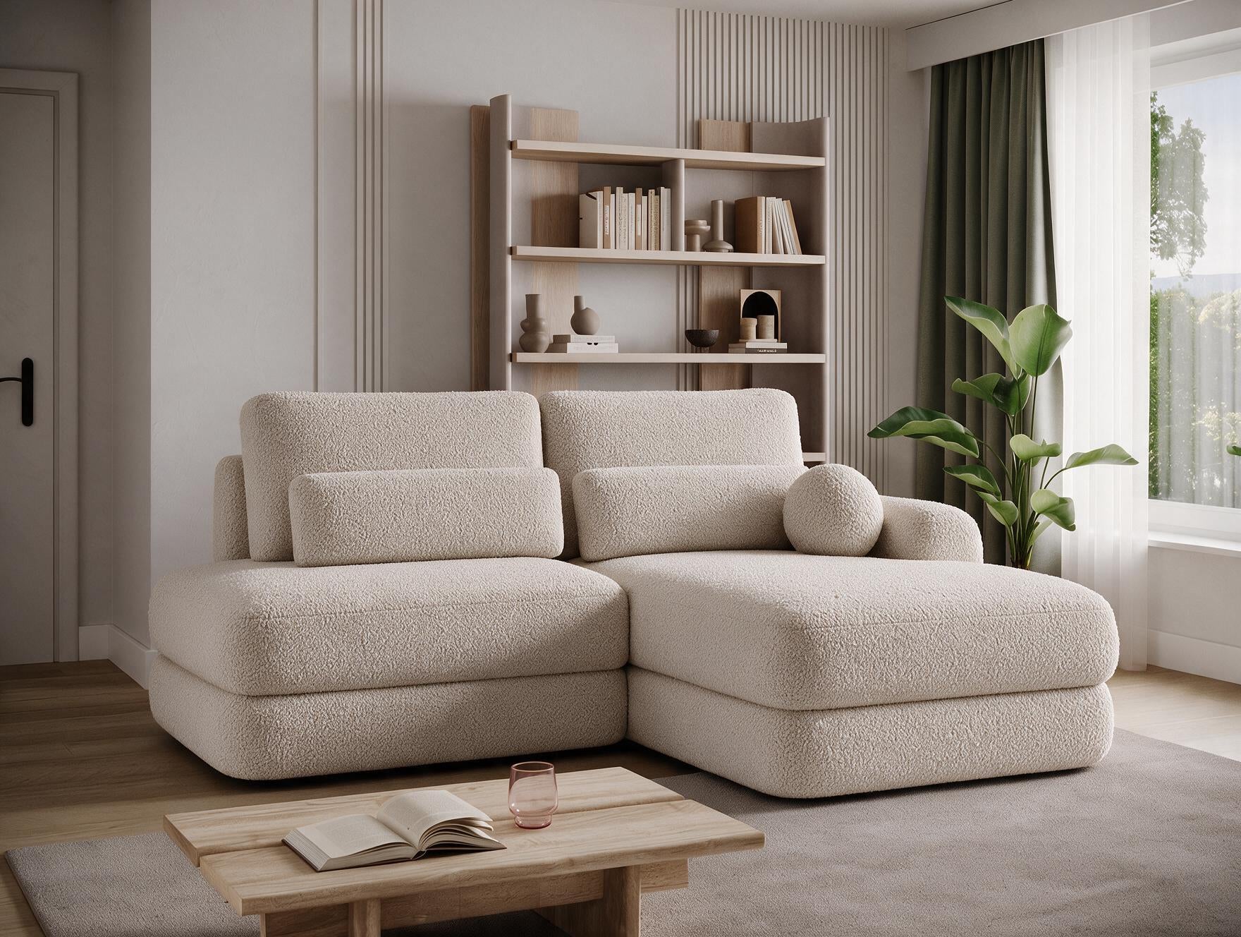 Canapé d'angle convertible design WAGRAM avec coffre de rangement - Bouclette chinée beige - vue 6