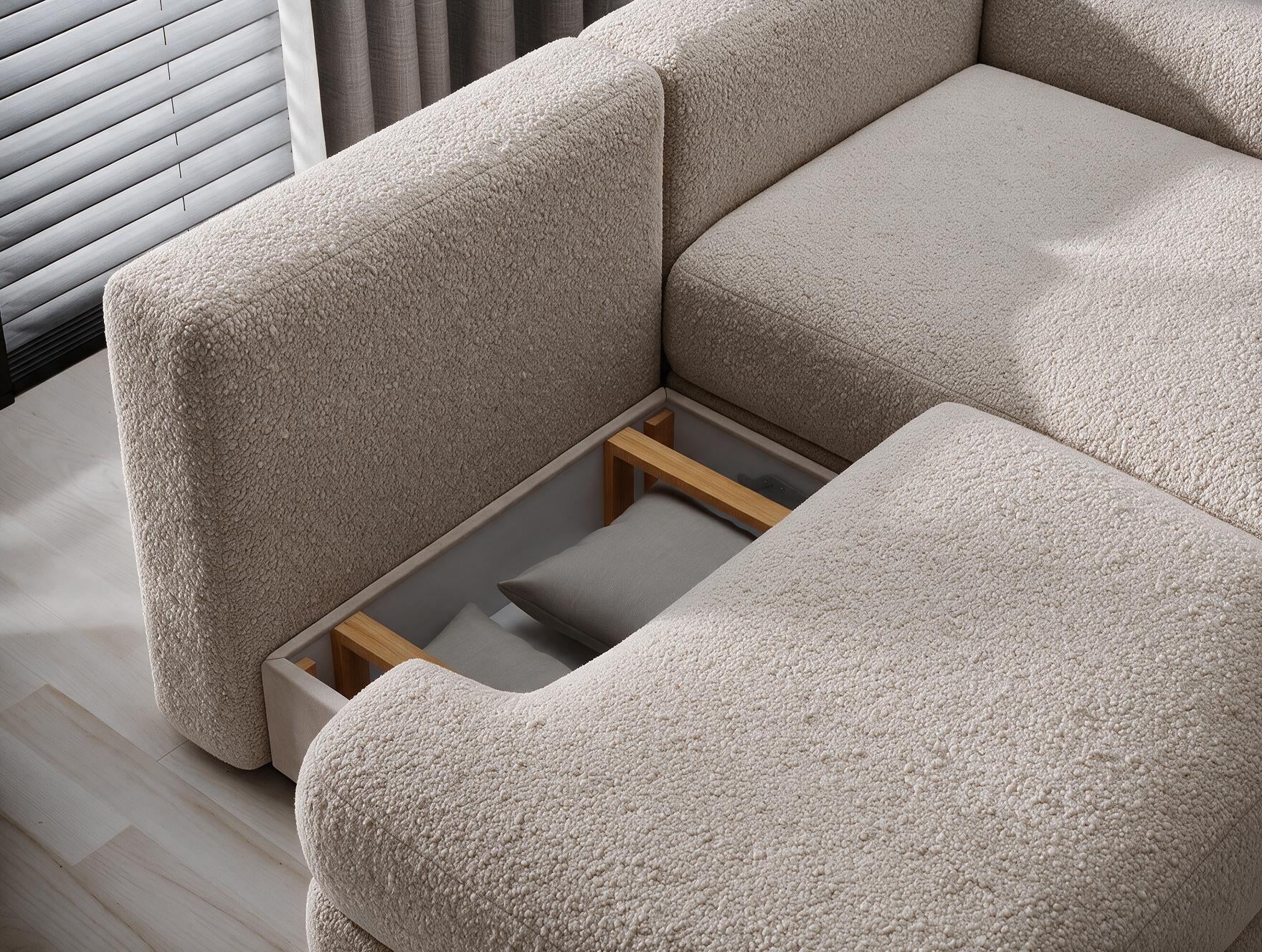 Canapé d'angle convertible design WAGRAM avec coffre de rangement - Bouclette chinée beige - vue 9