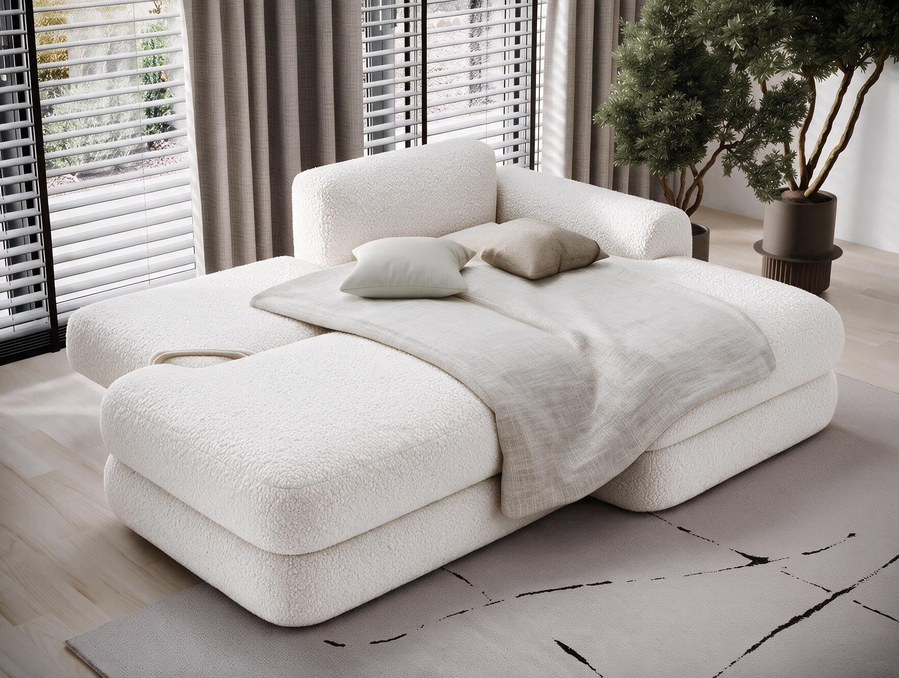 Canapé d'angle convertible design WAGRAM avec coffre de rangement - Bouclette chinée crème - vue 2