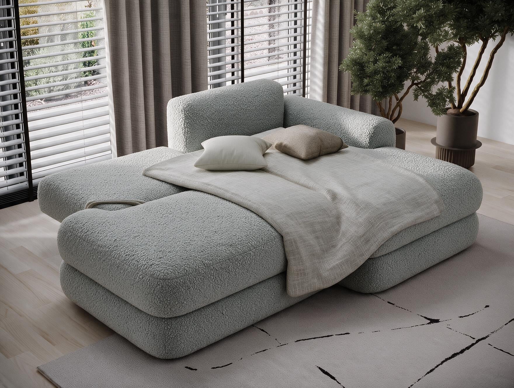 Canapé d'angle convertible design WAGRAM avec coffre de rangement - Bouclette chinée gris - vue 2