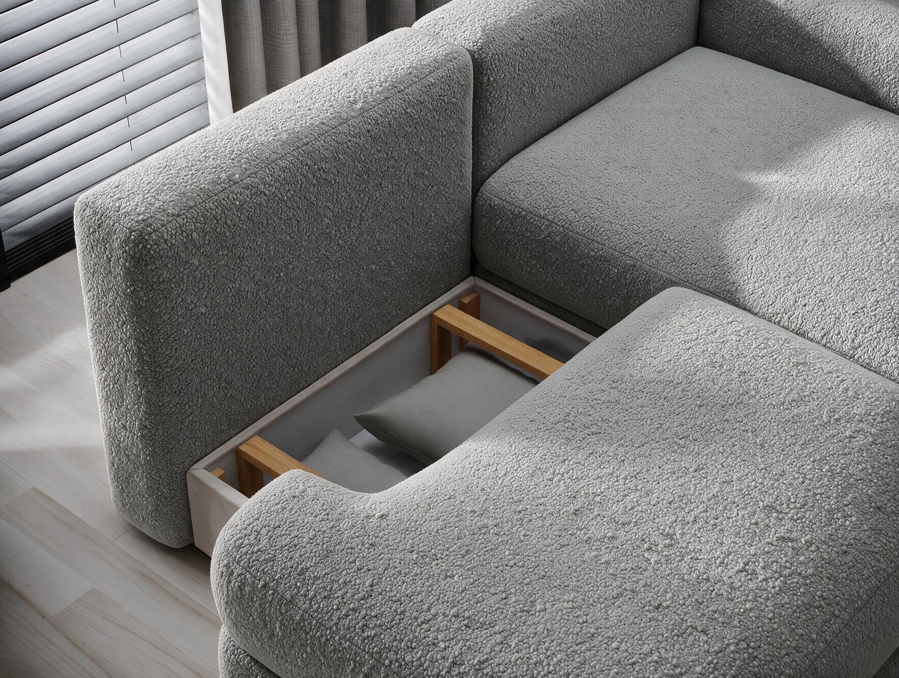 Canapé d'angle convertible design WAGRAM avec coffre de rangement - Bouclette chinée gris - vue 9