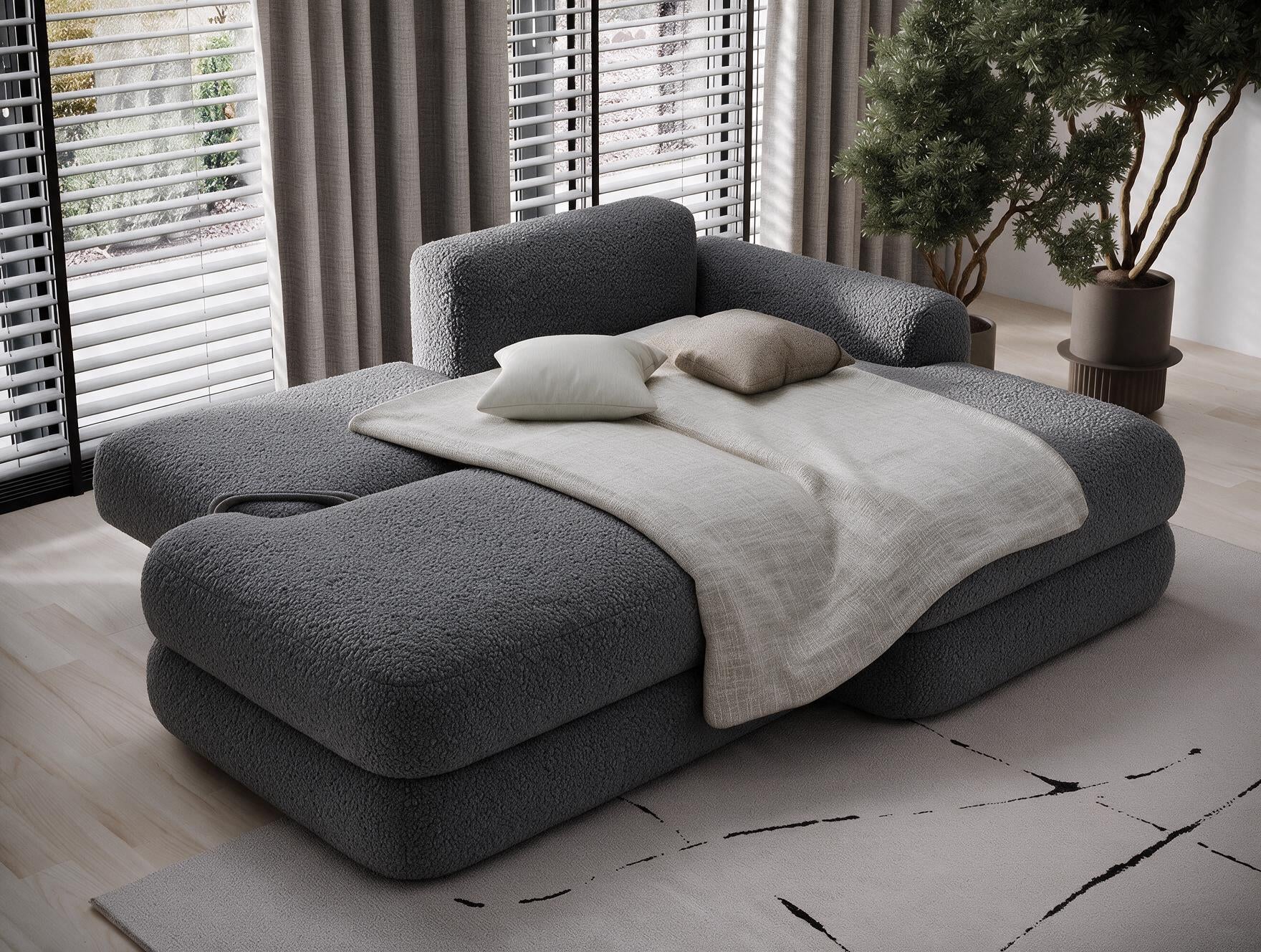 Canapé d'angle convertible design WAGRAM avec coffre de rangement - Bouclette chinée gris foncé - vue 2