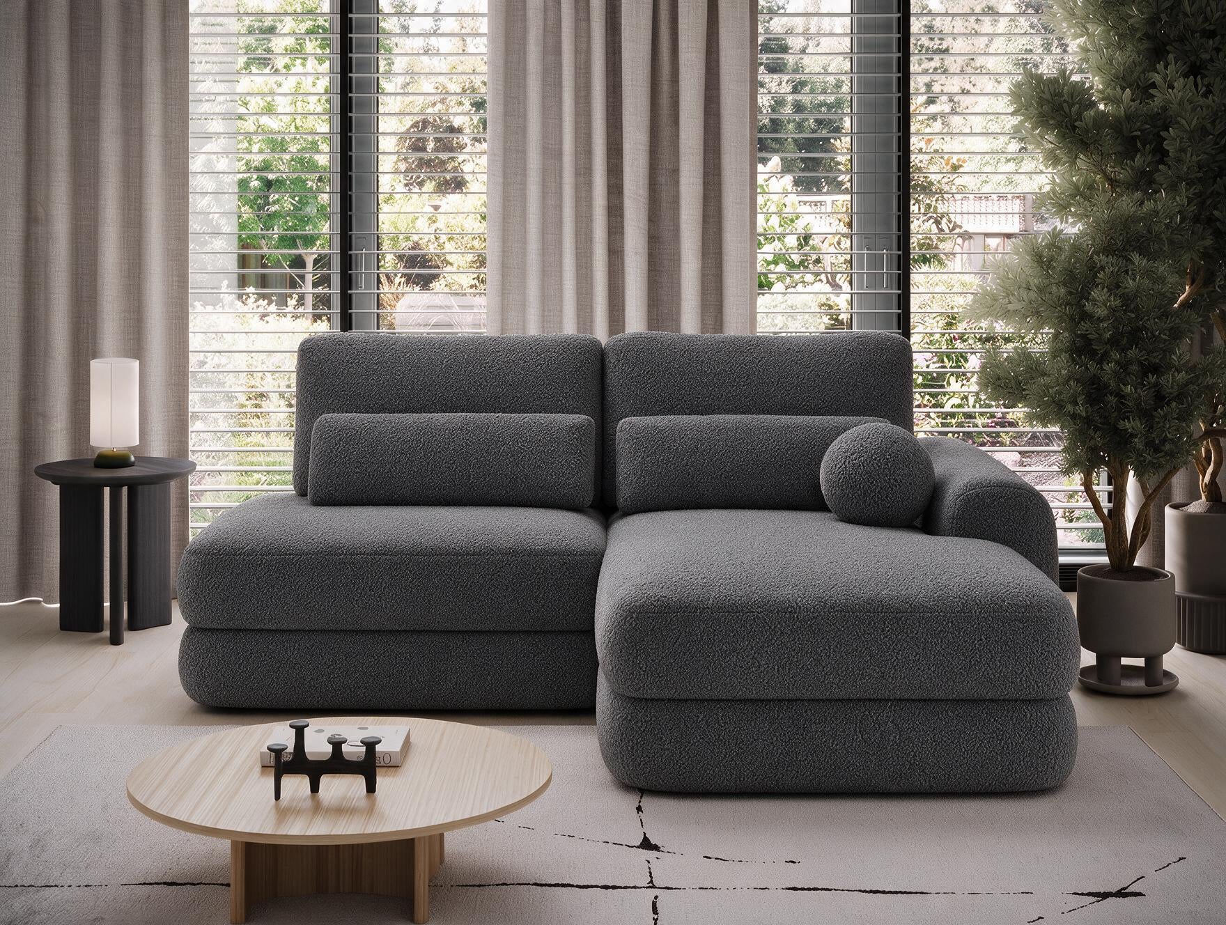 Canapé d'angle convertible design WAGRAM avec coffre de rangement - Bouclette chinée gris foncé - vue 4