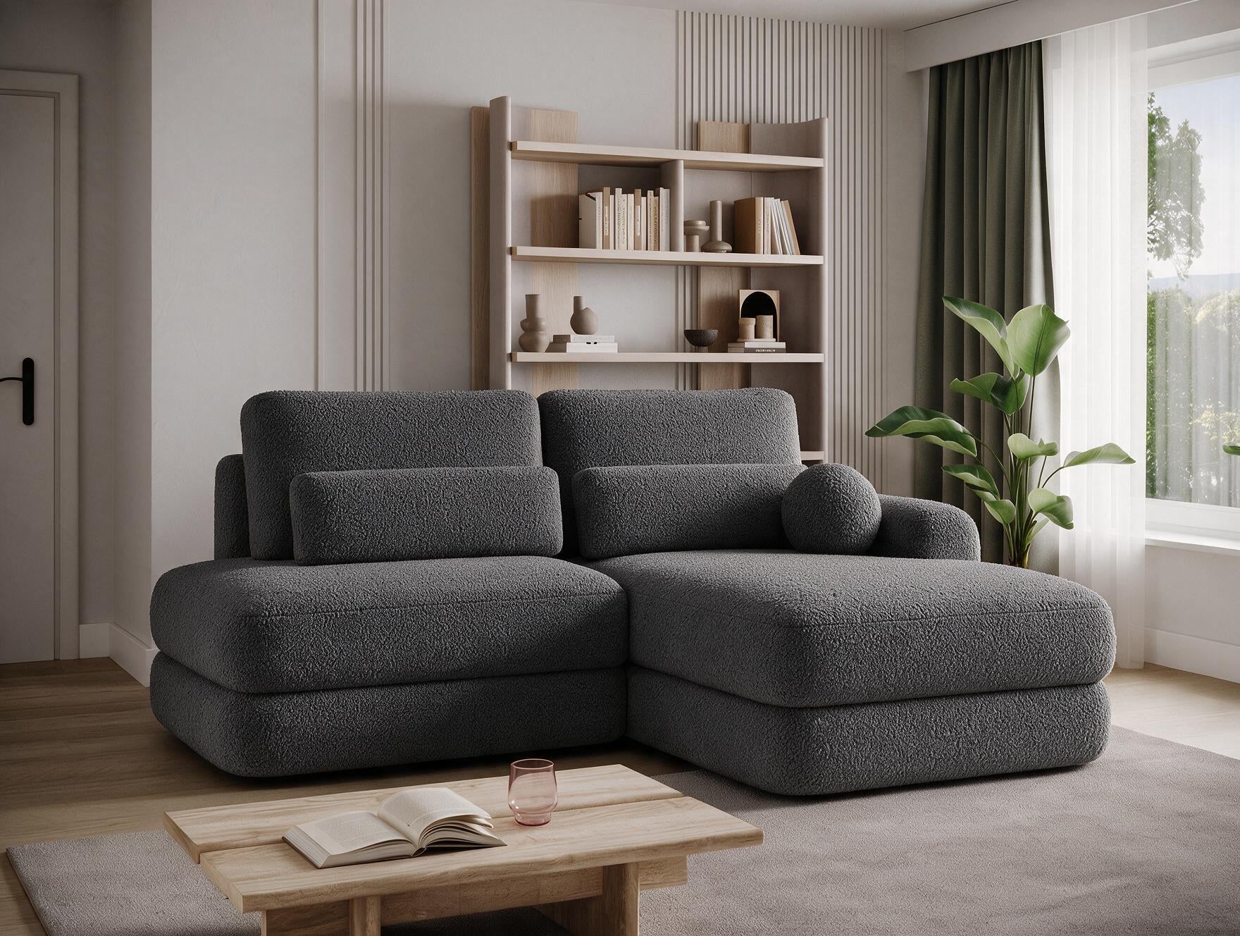 Canapé d'angle convertible design WAGRAM avec coffre de rangement - Bouclette chinée gris foncé - vue 6