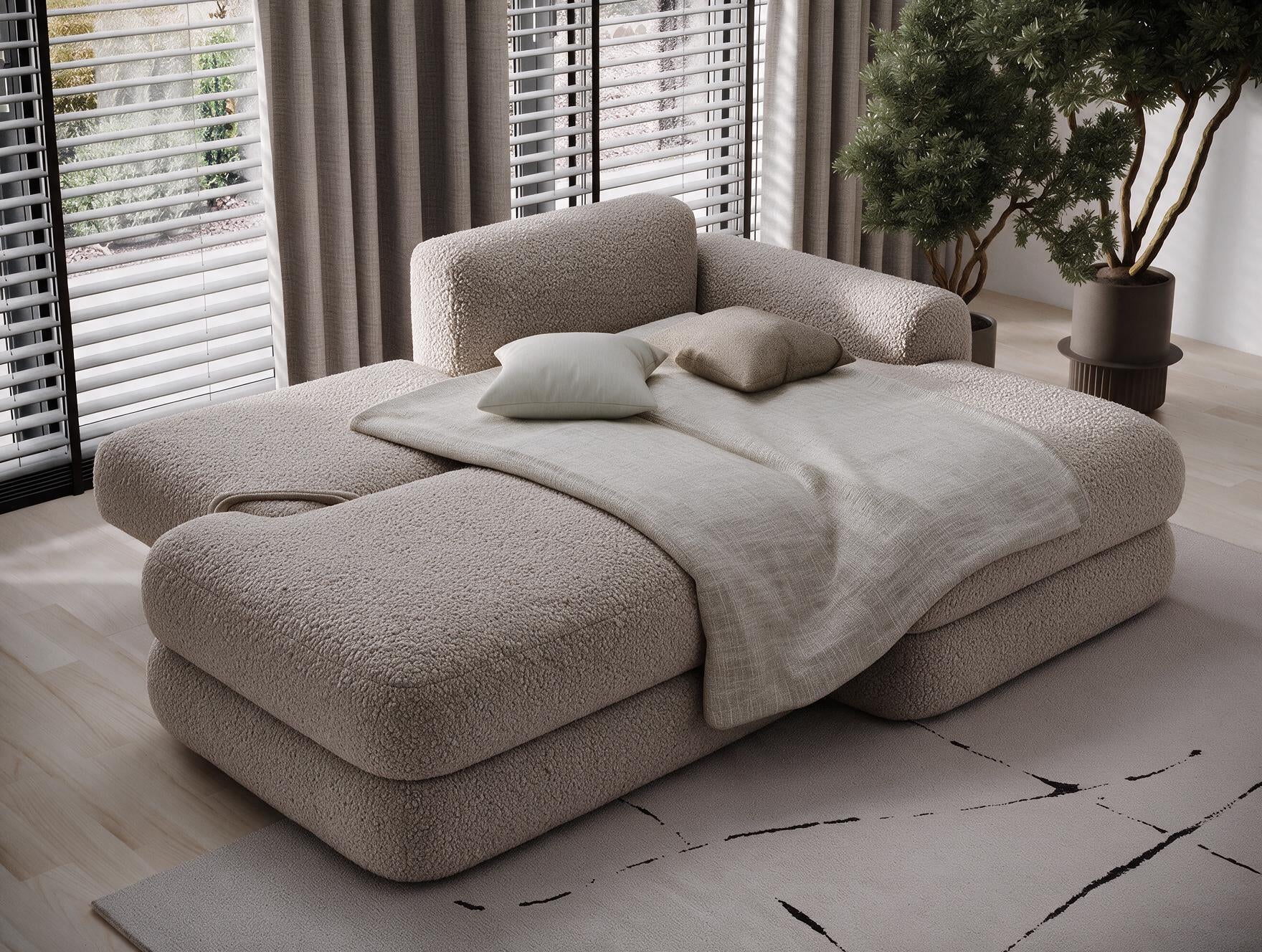 Canapé d'angle convertible design WAGRAM avec coffre de rangement - Bouclette chinée taupe - vue 2