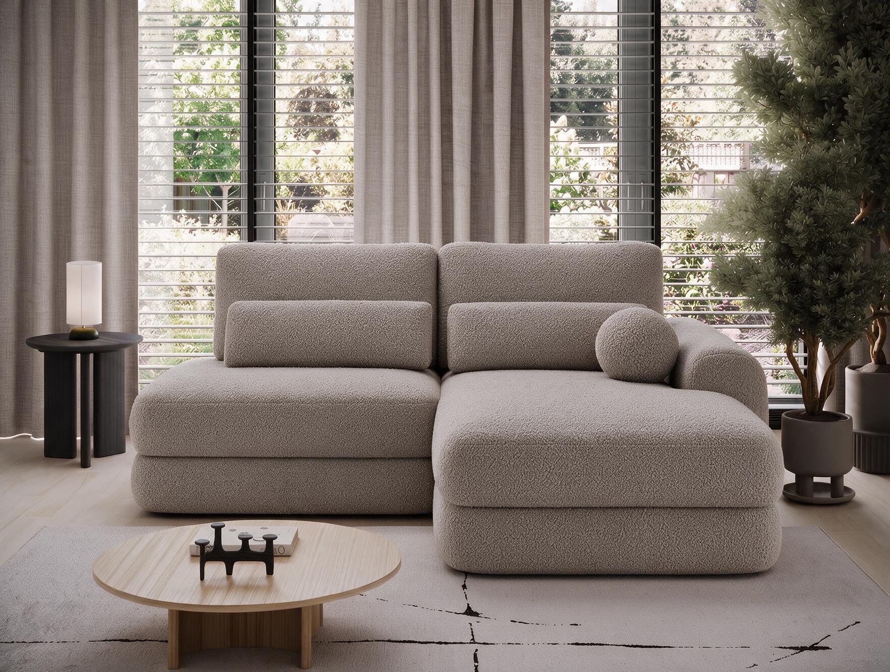 Canapé d'angle convertible design WAGRAM avec coffre de rangement - Bouclette chinée taupe - vue 4