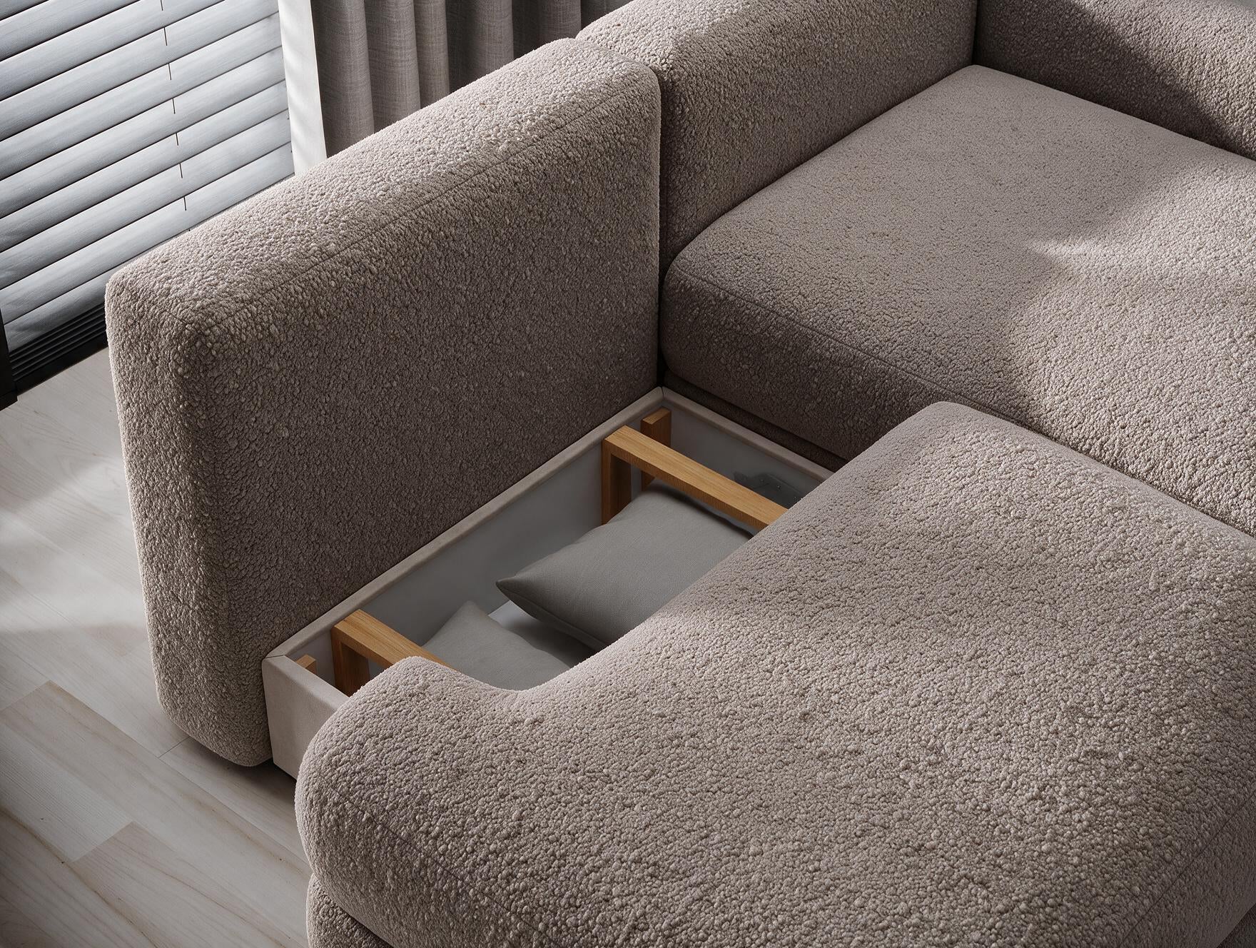 Canapé d'angle convertible design WAGRAM avec coffre de rangement - Bouclette chinée taupe - vue 9