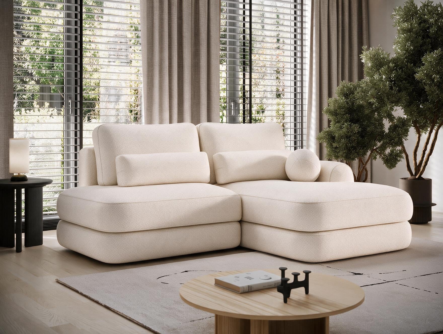 Canapé d'angle convertible design WAGRAM avec coffre de rangement - Tissu texturé beige - vue 3