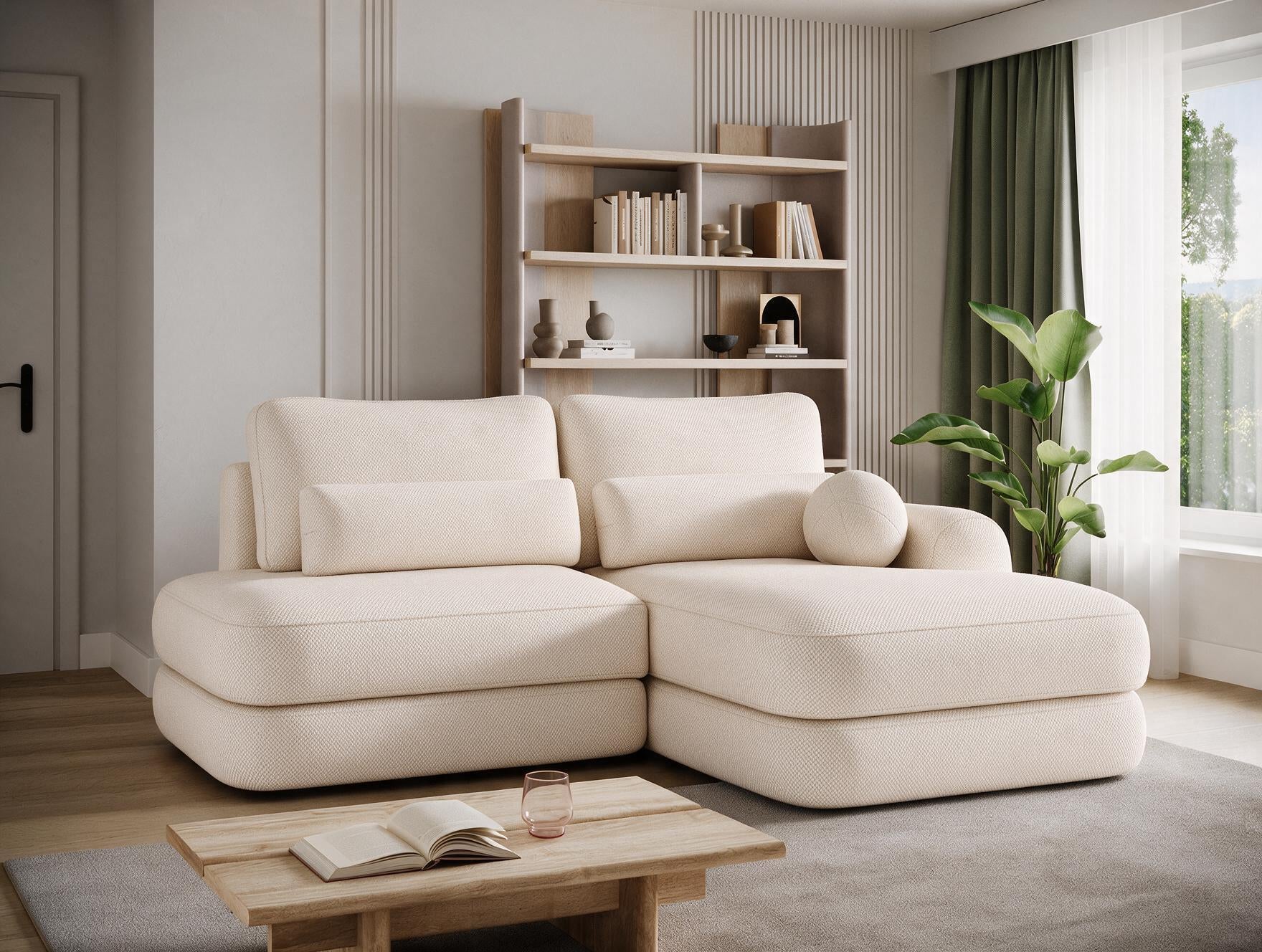 Canapé d'angle convertible design WAGRAM avec coffre de rangement - Tissu texturé beige - vue 6