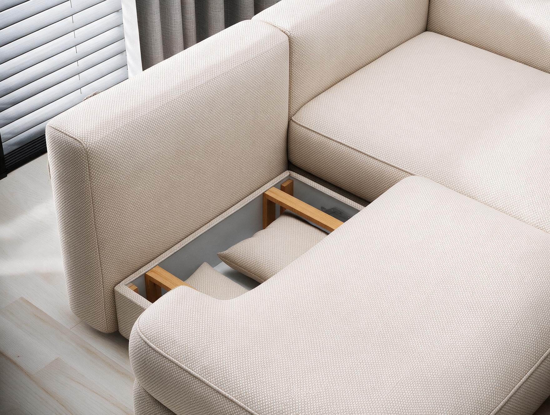 Canapé d'angle convertible design WAGRAM avec coffre de rangement - Tissu texturé beige - vue 9
