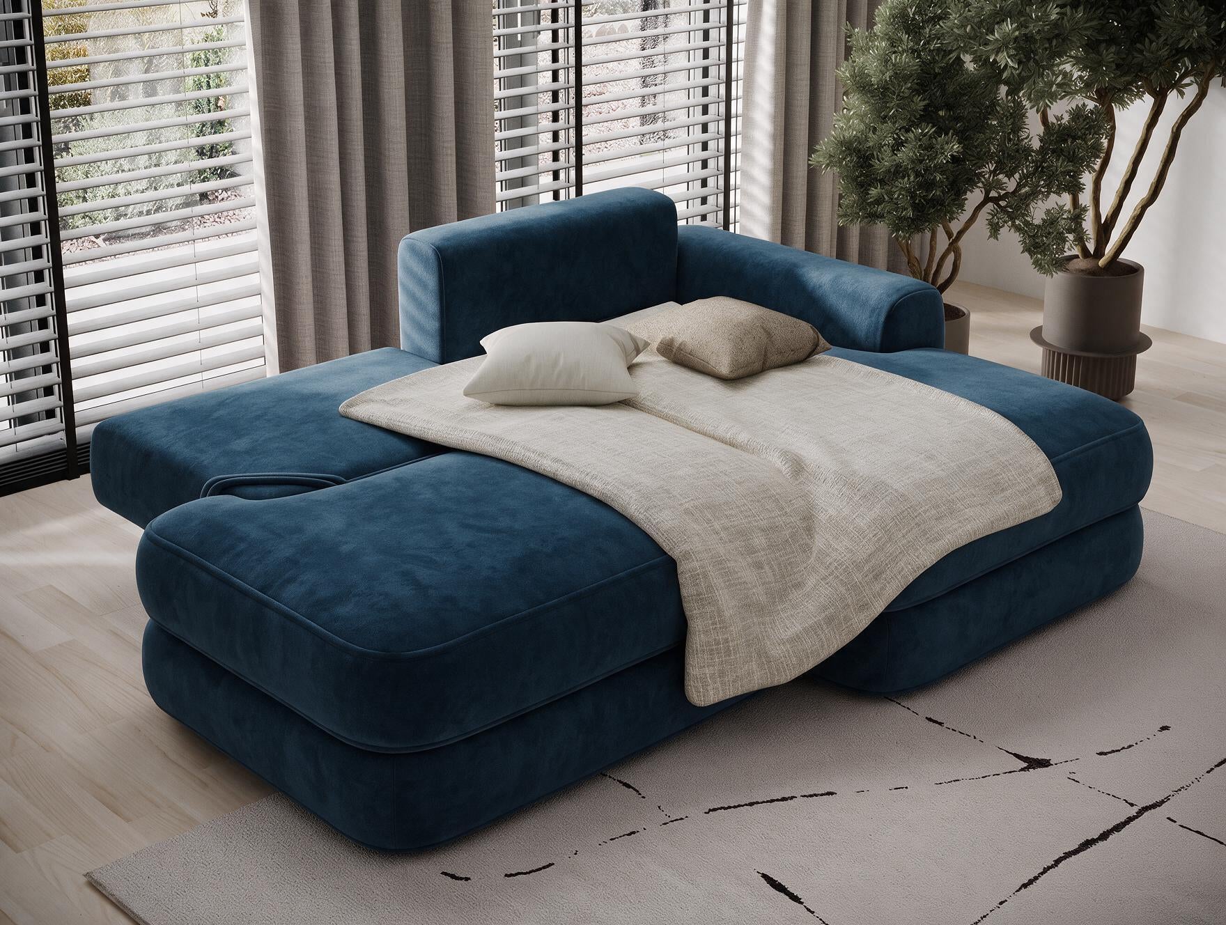 Canapé d'angle convertible design WAGRAM avec coffre de rangement - Velours bleu marine - vue 2