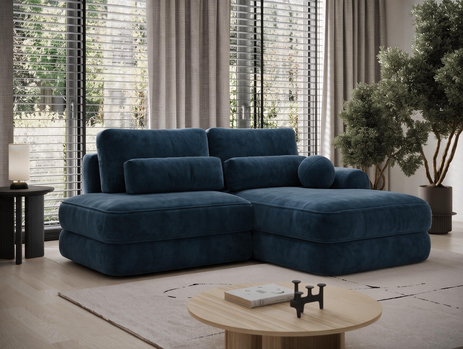 Canapé d'angle convertible design WAGRAM avec coffre de rangement - Velours bleu marine - vue 3