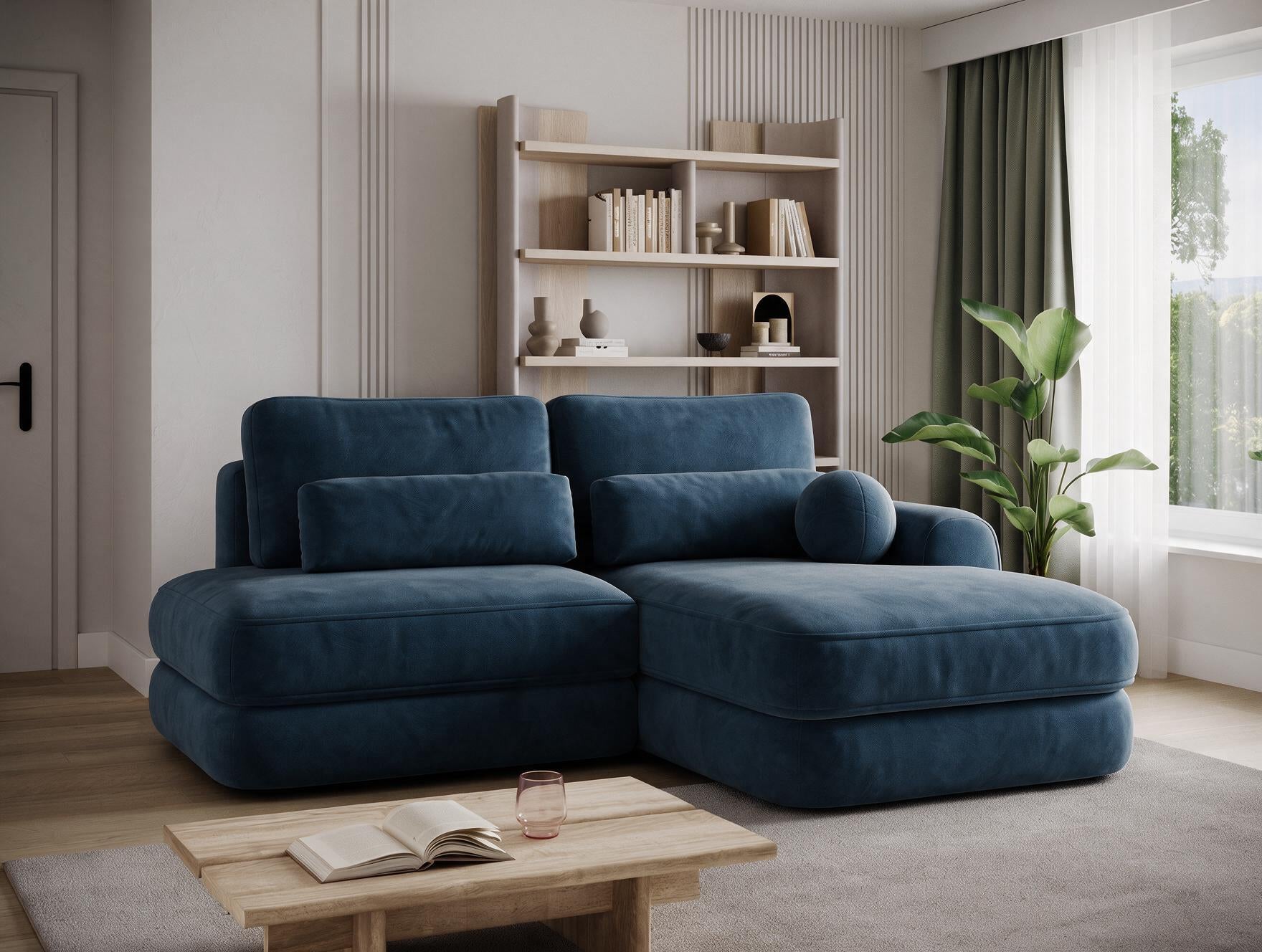 Canapé d'angle convertible design WAGRAM avec coffre de rangement - Velours bleu marine - vue 6