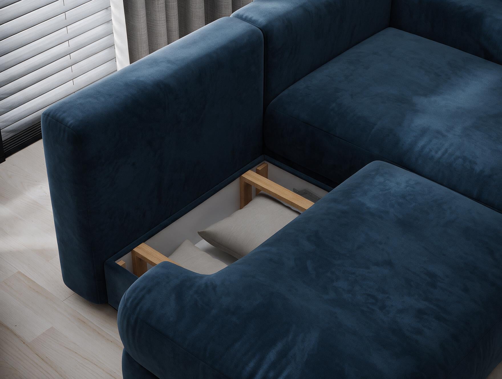 Canapé d'angle convertible design WAGRAM avec coffre de rangement - Velours bleu marine - vue 9