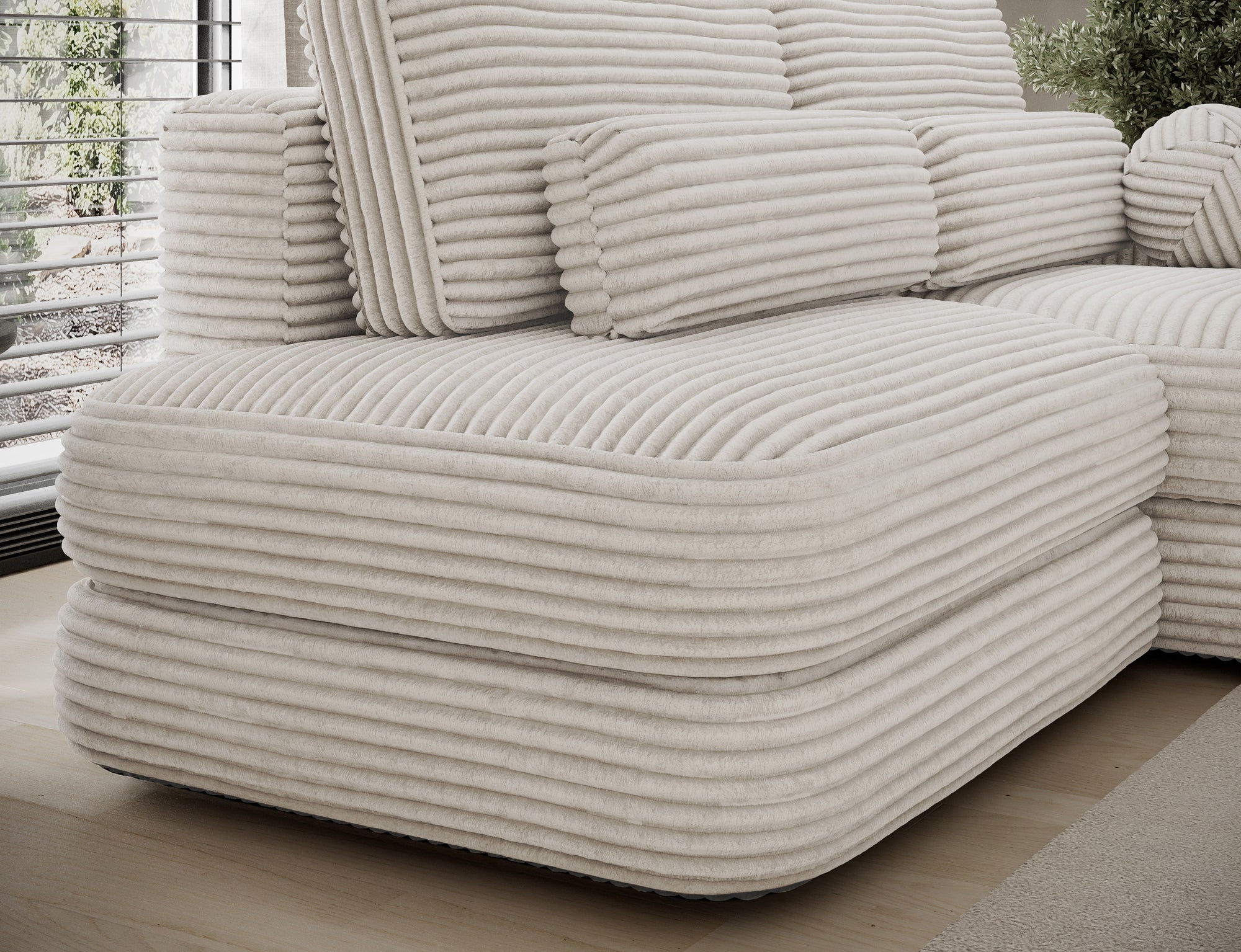 Canapé d'angle convertible design WAGRAM avec coffre de rangement - Velours côtelé épais beige - vue 13