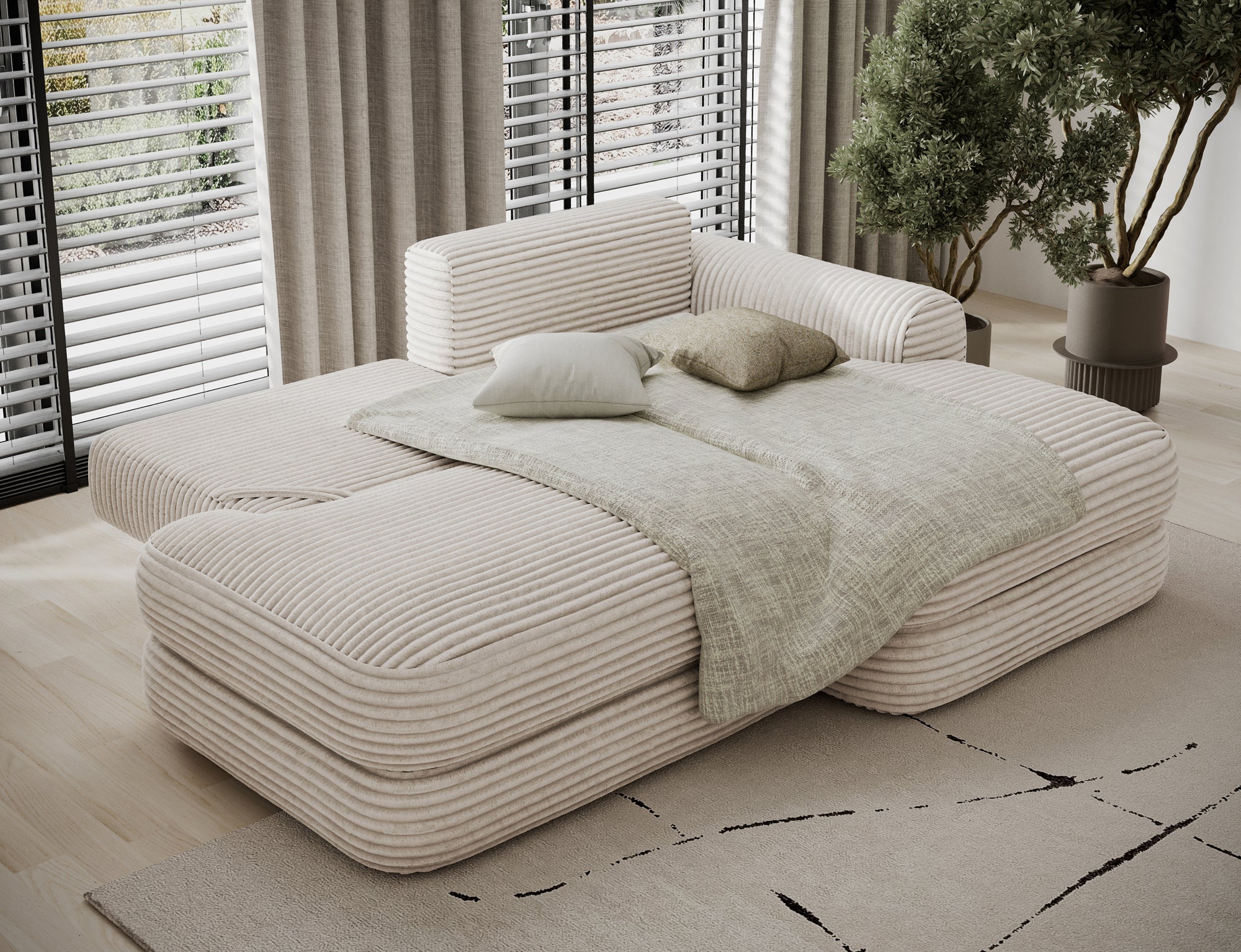 Canapé d'angle convertible design WAGRAM avec coffre de rangement - Velours côtelé épais beige - vue 2
