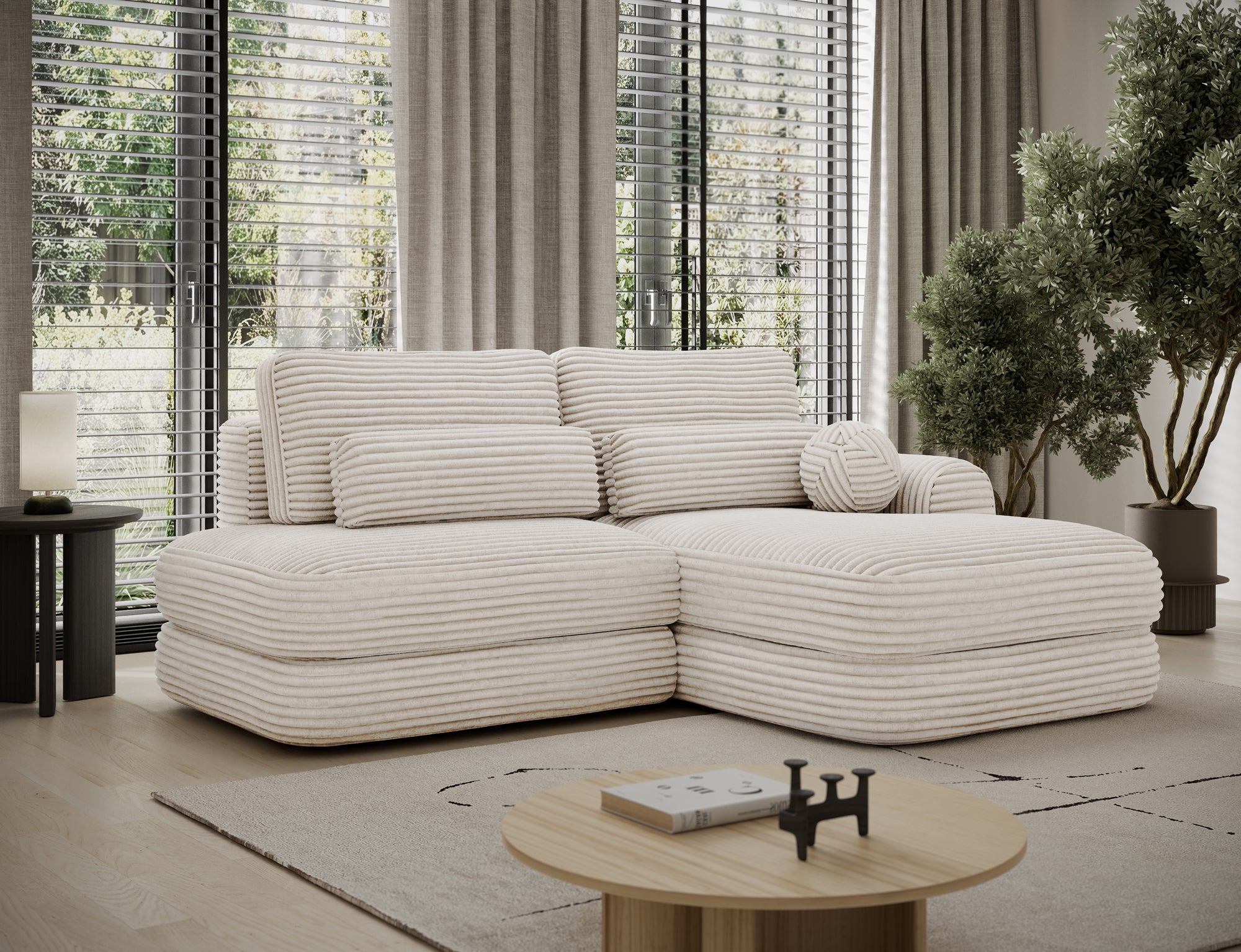 Canapé d'angle convertible design WAGRAM avec coffre de rangement - Velours côtelé épais beige - vue 3