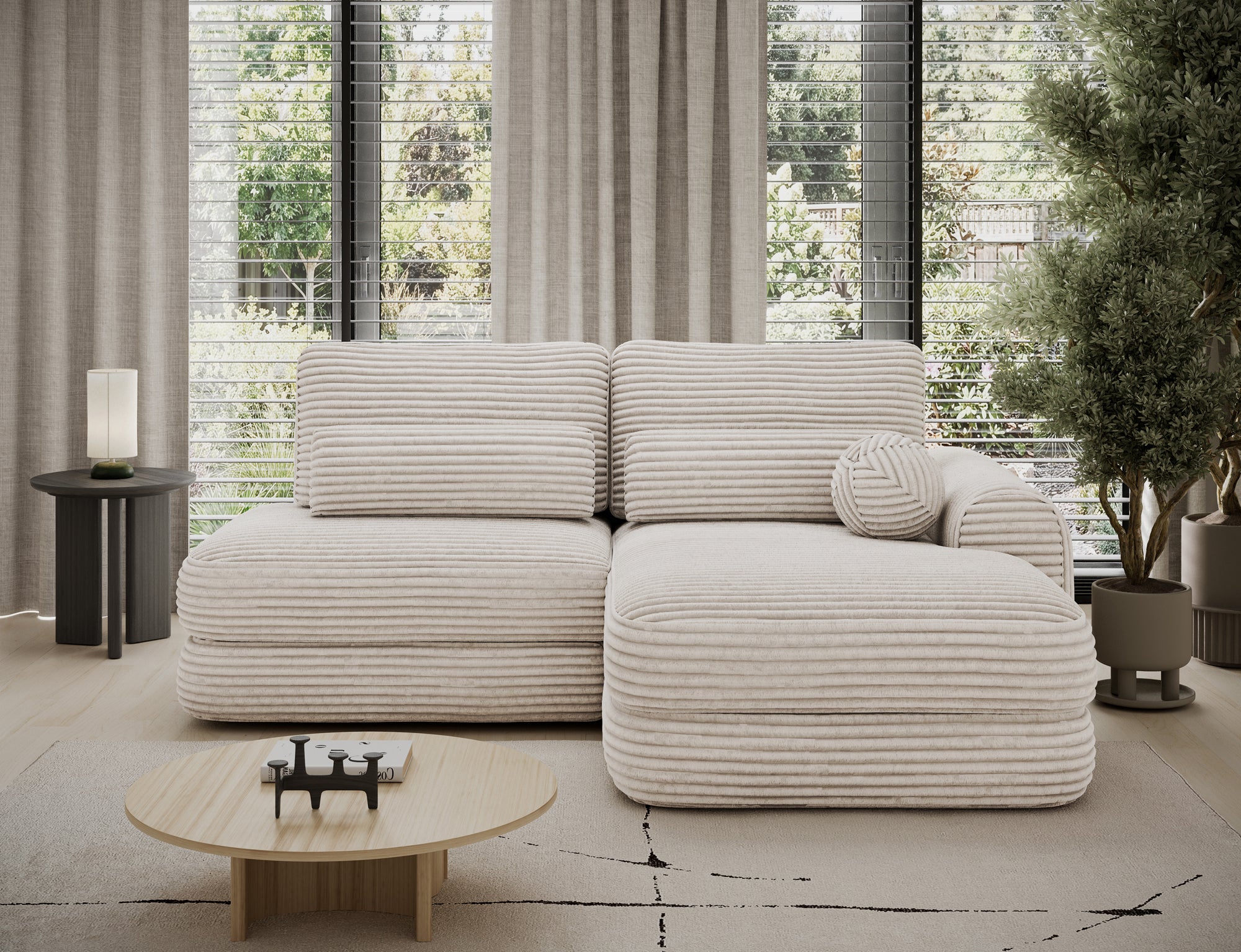 Canapé d'angle convertible design WAGRAM avec coffre de rangement - Velours côtelé épais beige - vue 4