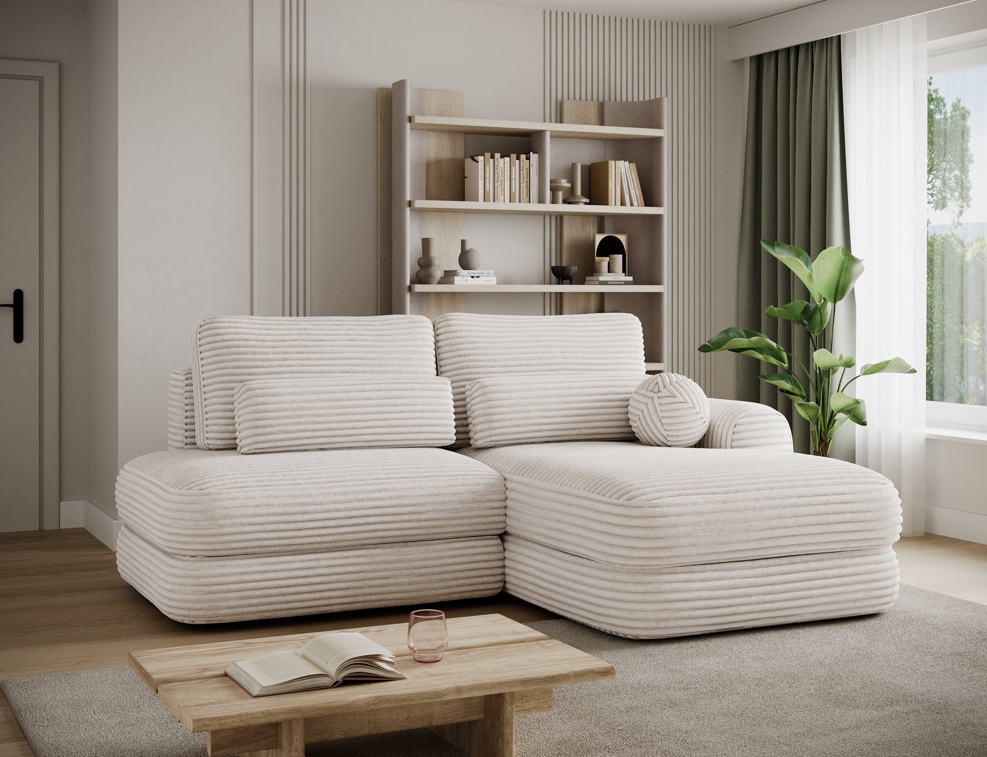 Canapé d'angle convertible design WAGRAM avec coffre de rangement - Velours côtelé épais beige - vue 6