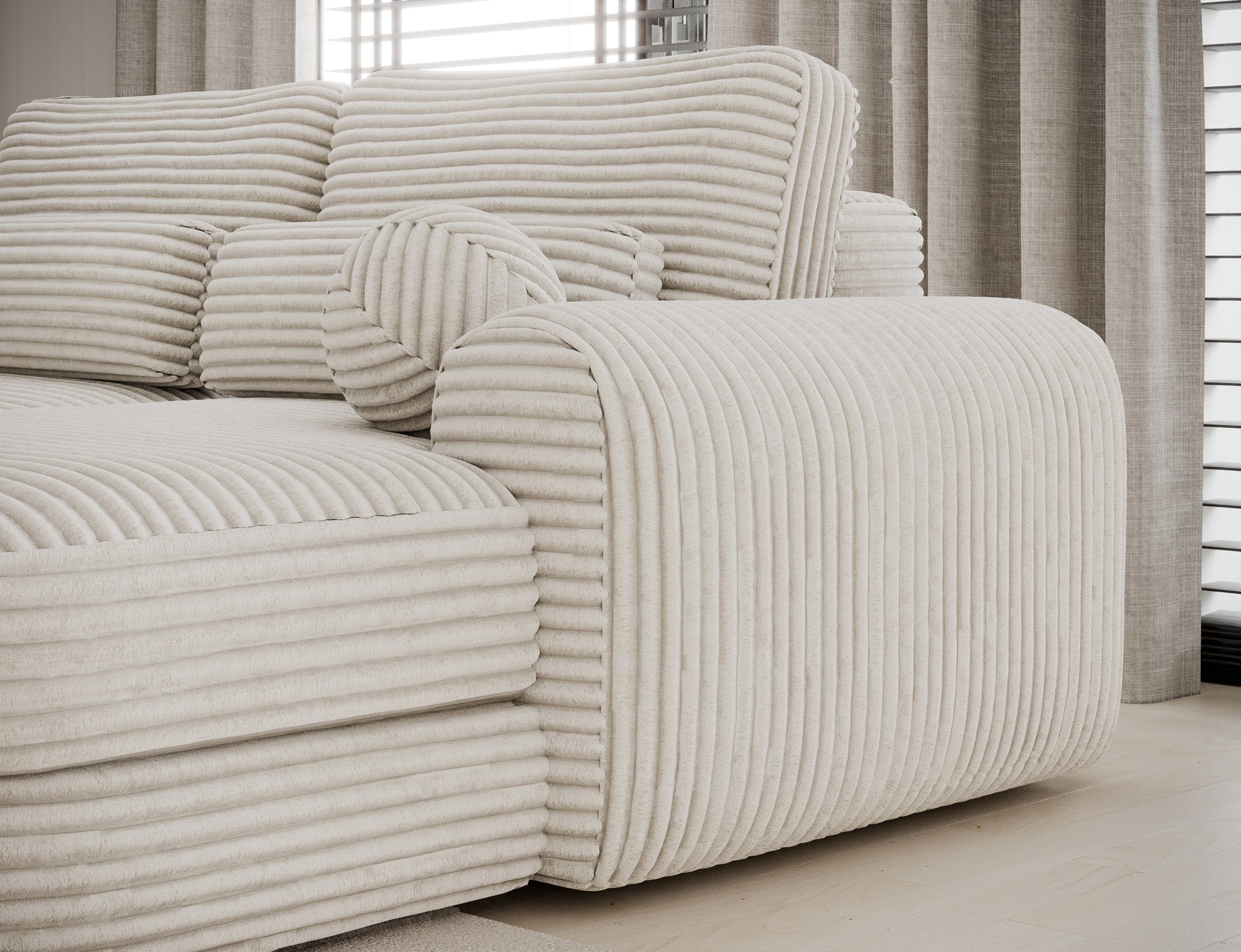 Canapé d'angle convertible design WAGRAM avec coffre de rangement - Velours côtelé épais beige - vue 7