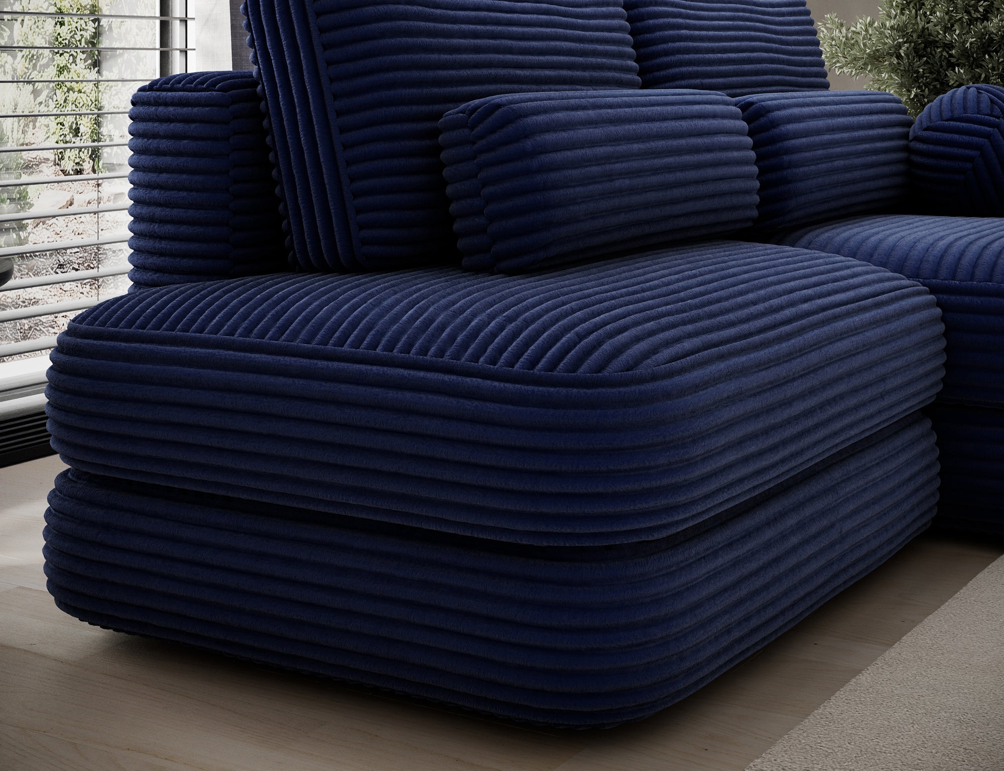 Canapé d'angle convertible design WAGRAM avec coffre de rangement - Velours côtelé épais bleu - vue 13
