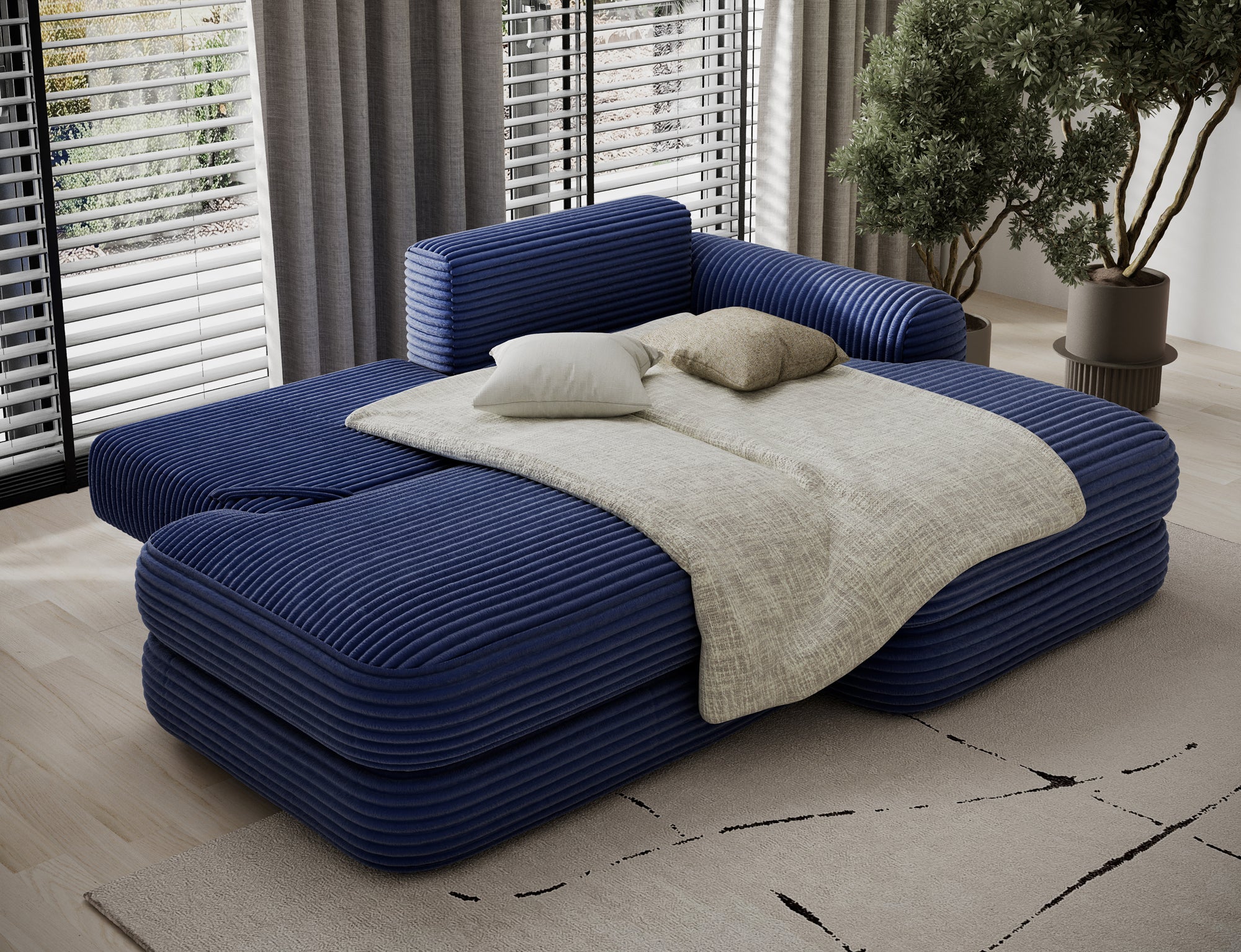Canapé d'angle convertible design WAGRAM avec coffre de rangement - Velours côtelé épais bleu - vue 2
