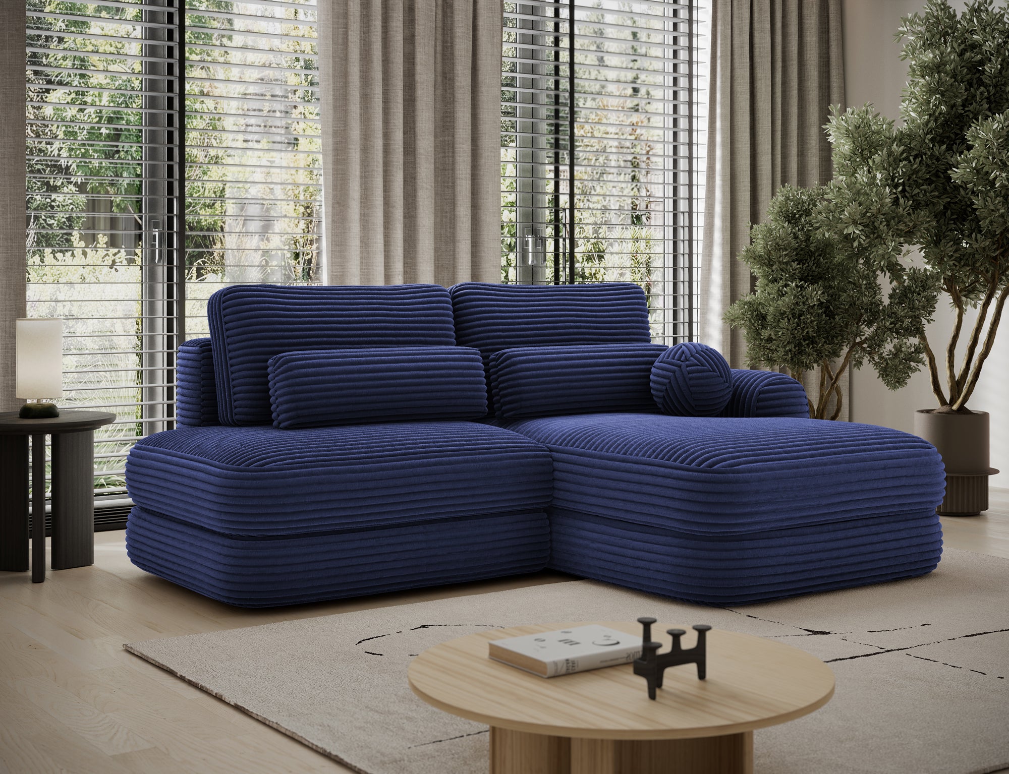 Canapé d'angle convertible design WAGRAM avec coffre de rangement - Velours côtelé épais bleu - vue 3