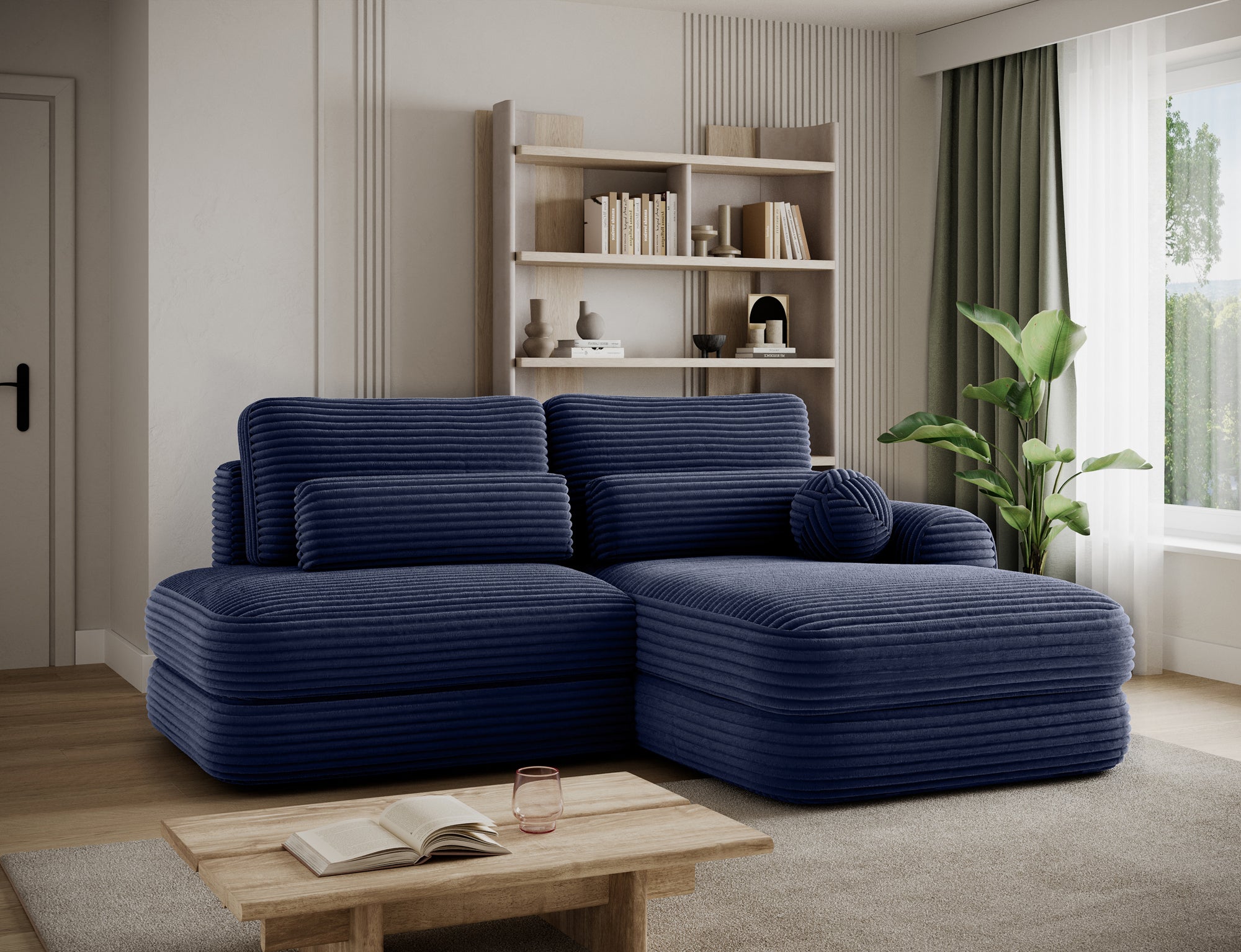 Canapé d'angle convertible design WAGRAM avec coffre de rangement - Velours côtelé épais bleu - vue 6