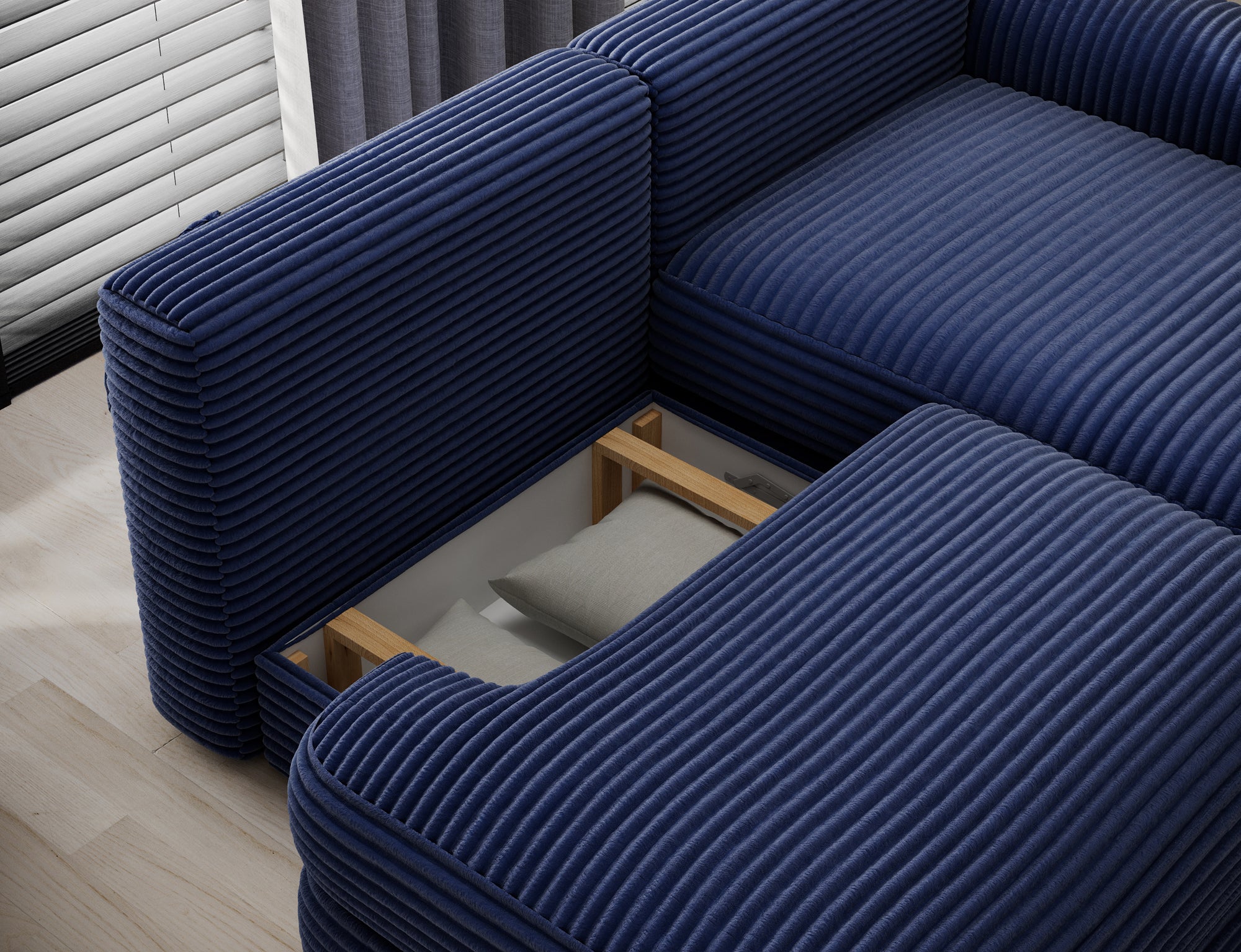 Canapé d'angle convertible design WAGRAM avec coffre de rangement - Velours côtelé épais bleu - vue 9
