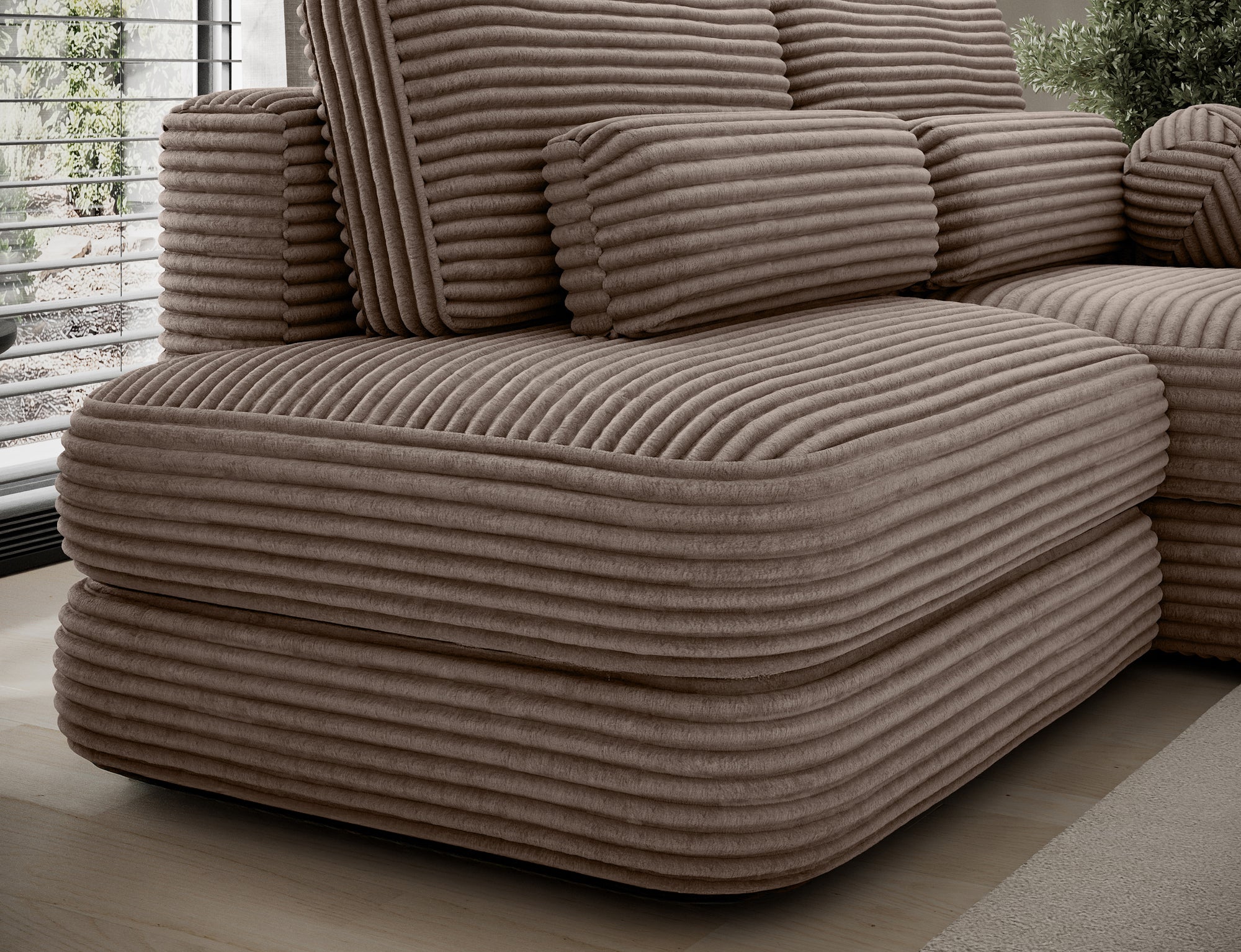 Canapé d'angle convertible design WAGRAM avec coffre de rangement - Velours côtelé épais camel - vue 13