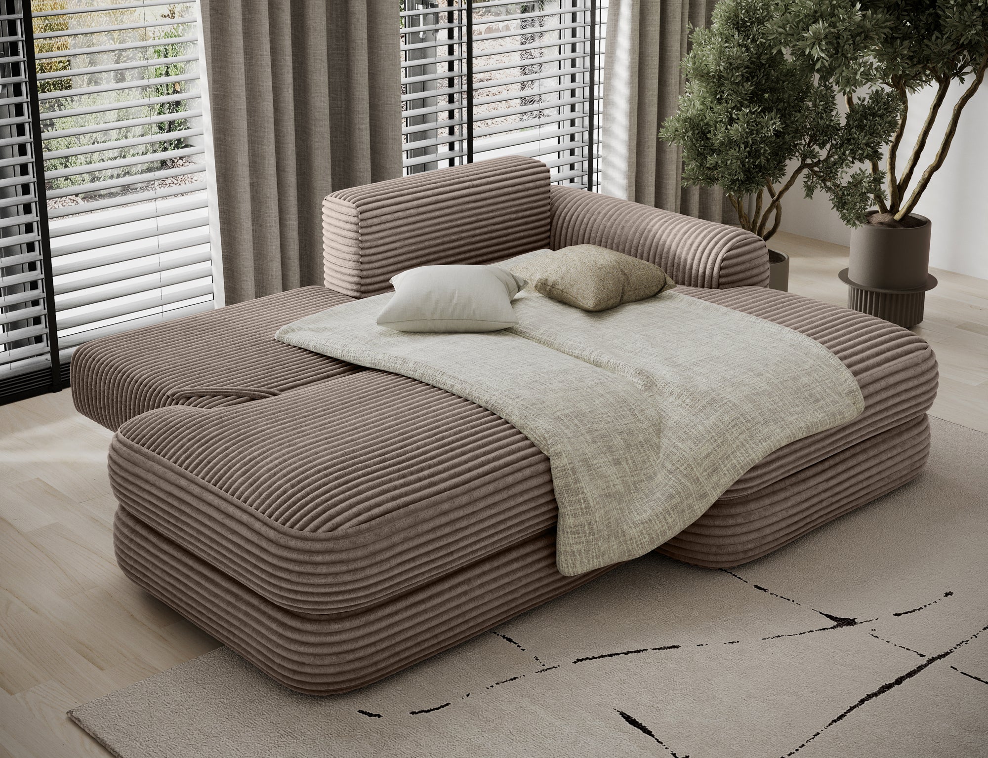 Canapé d'angle convertible design WAGRAM avec coffre de rangement - Velours côtelé épais camel - vue 2