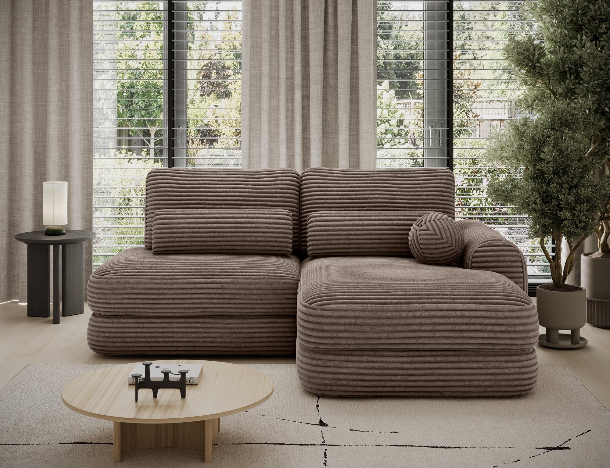 Canapé d'angle convertible design WAGRAM avec coffre de rangement - Velours côtelé épais camel - vue 4