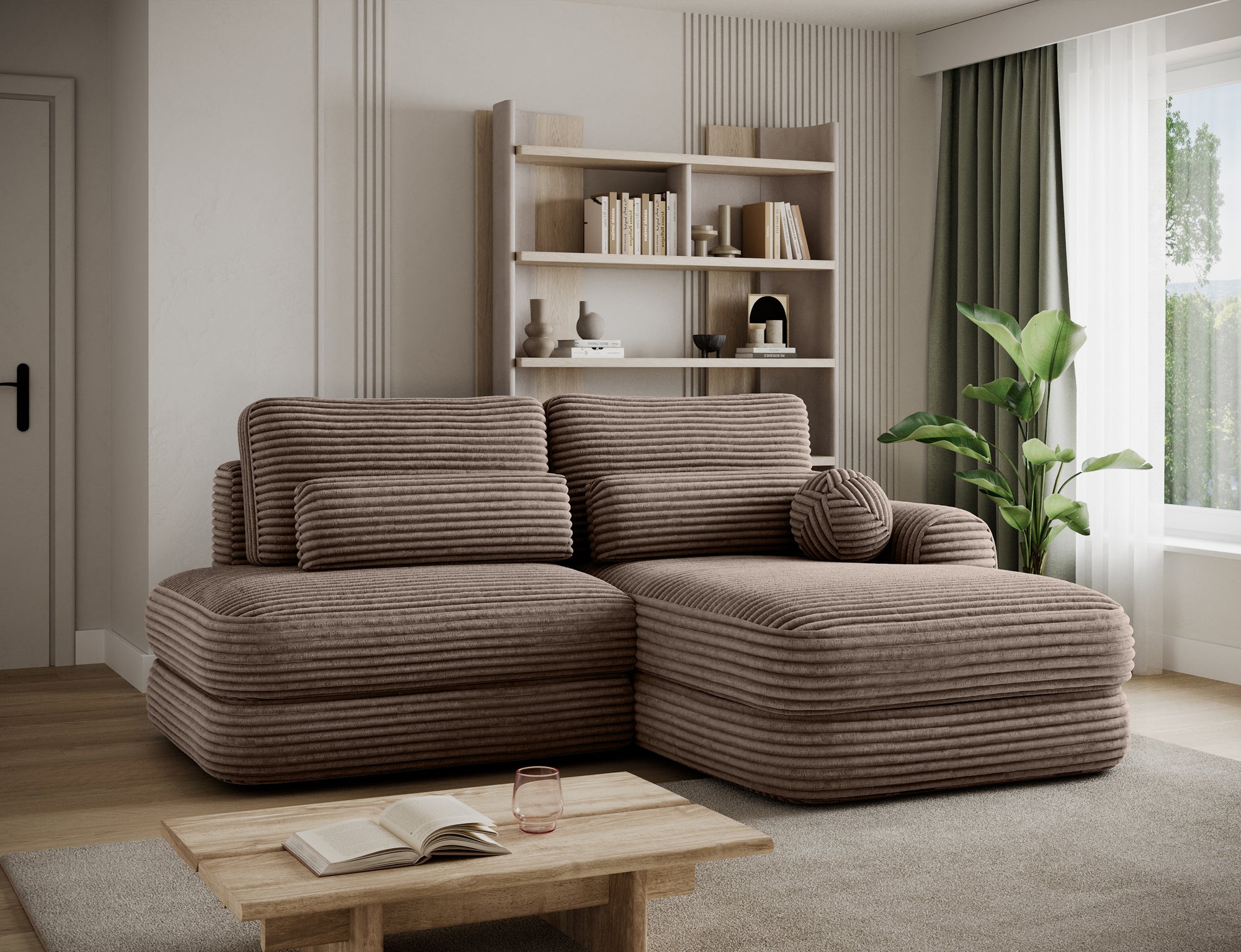 Canapé d'angle convertible design WAGRAM avec coffre de rangement - Velours côtelé épais camel - vue 6