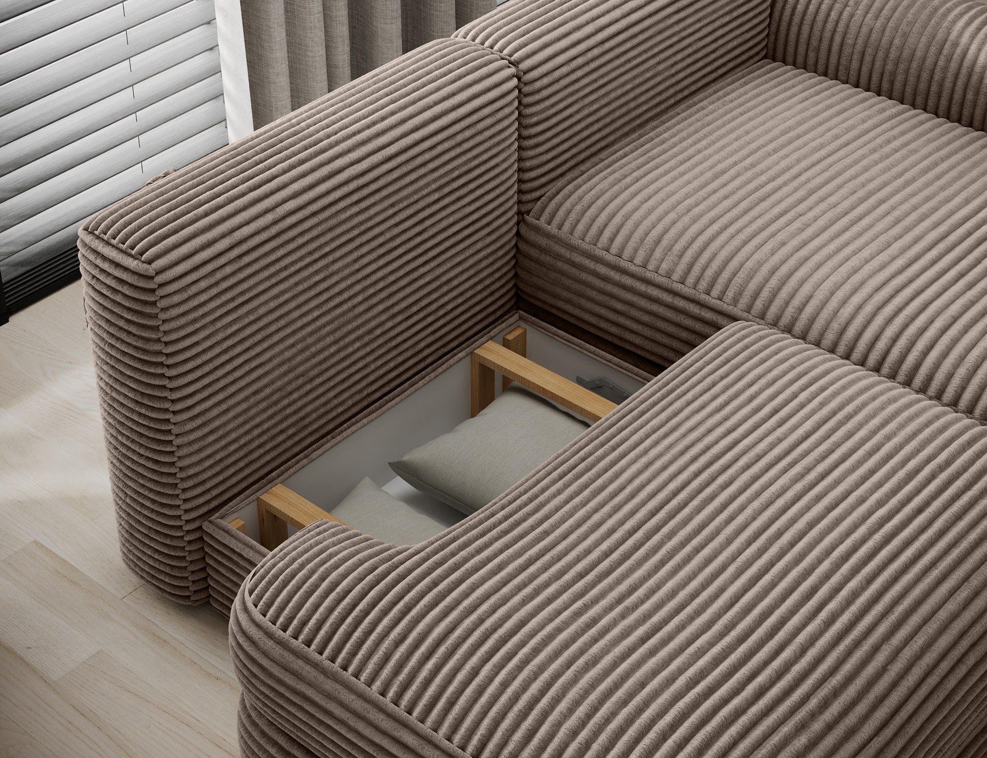 Canapé d'angle convertible design WAGRAM avec coffre de rangement - Velours côtelé épais camel - vue 9