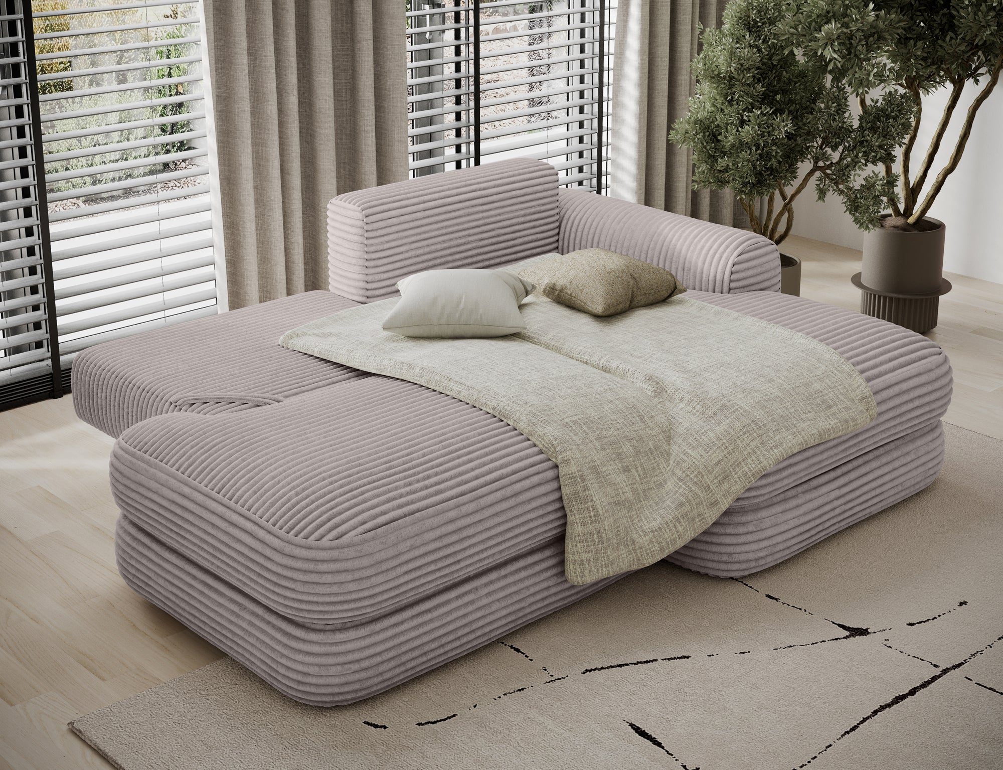 Canapé d'angle convertible design WAGRAM avec coffre de rangement - Velours côtelé épais gris clair - vue 2
