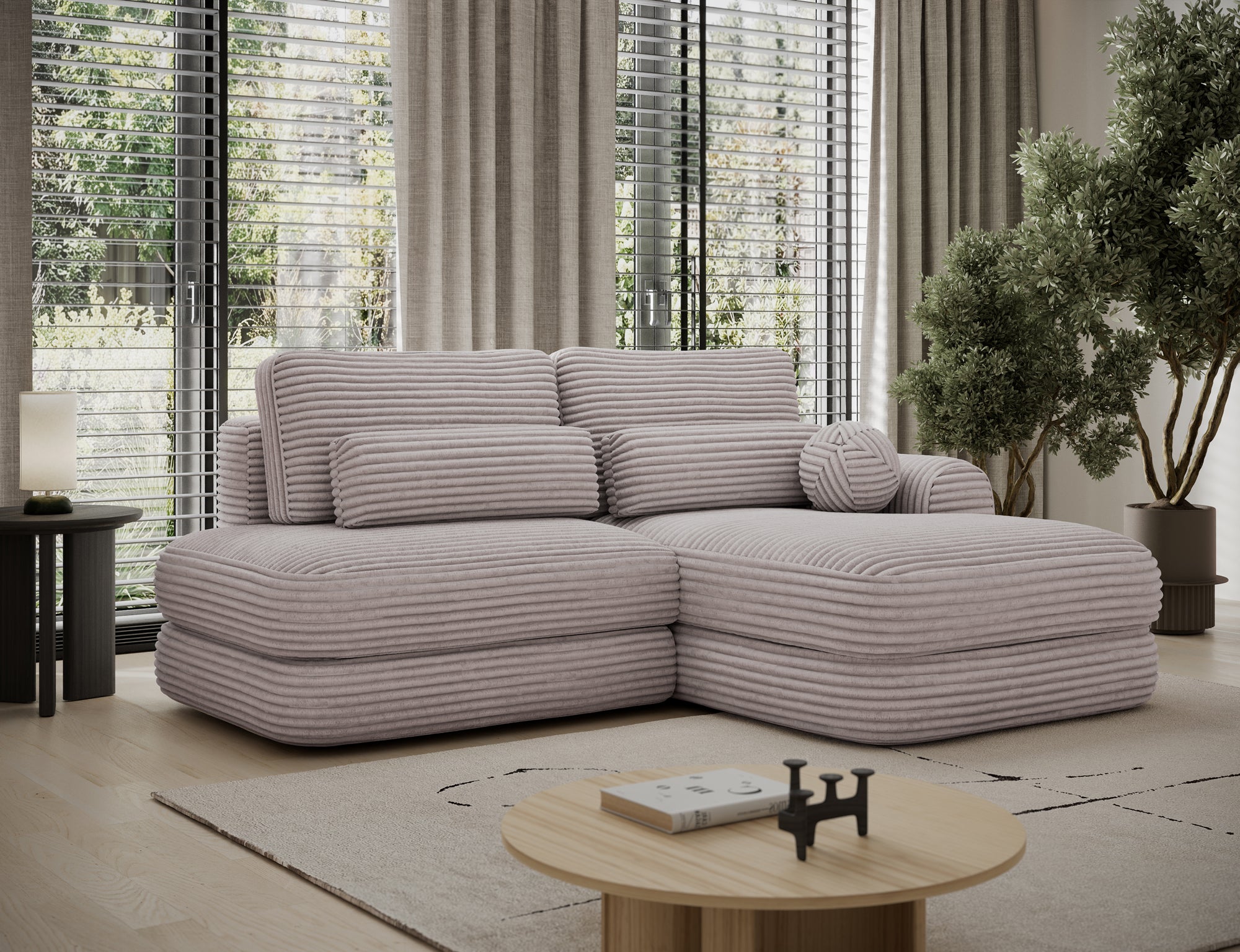 Canapé d'angle convertible design WAGRAM avec coffre de rangement - Velours côtelé épais gris clair - vue 3